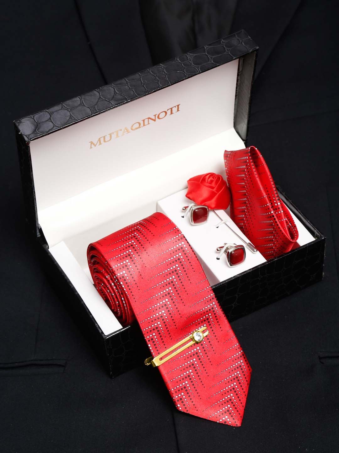 MUTAQINOTI Men Silk Necktie Accessory Gift Set, Red
