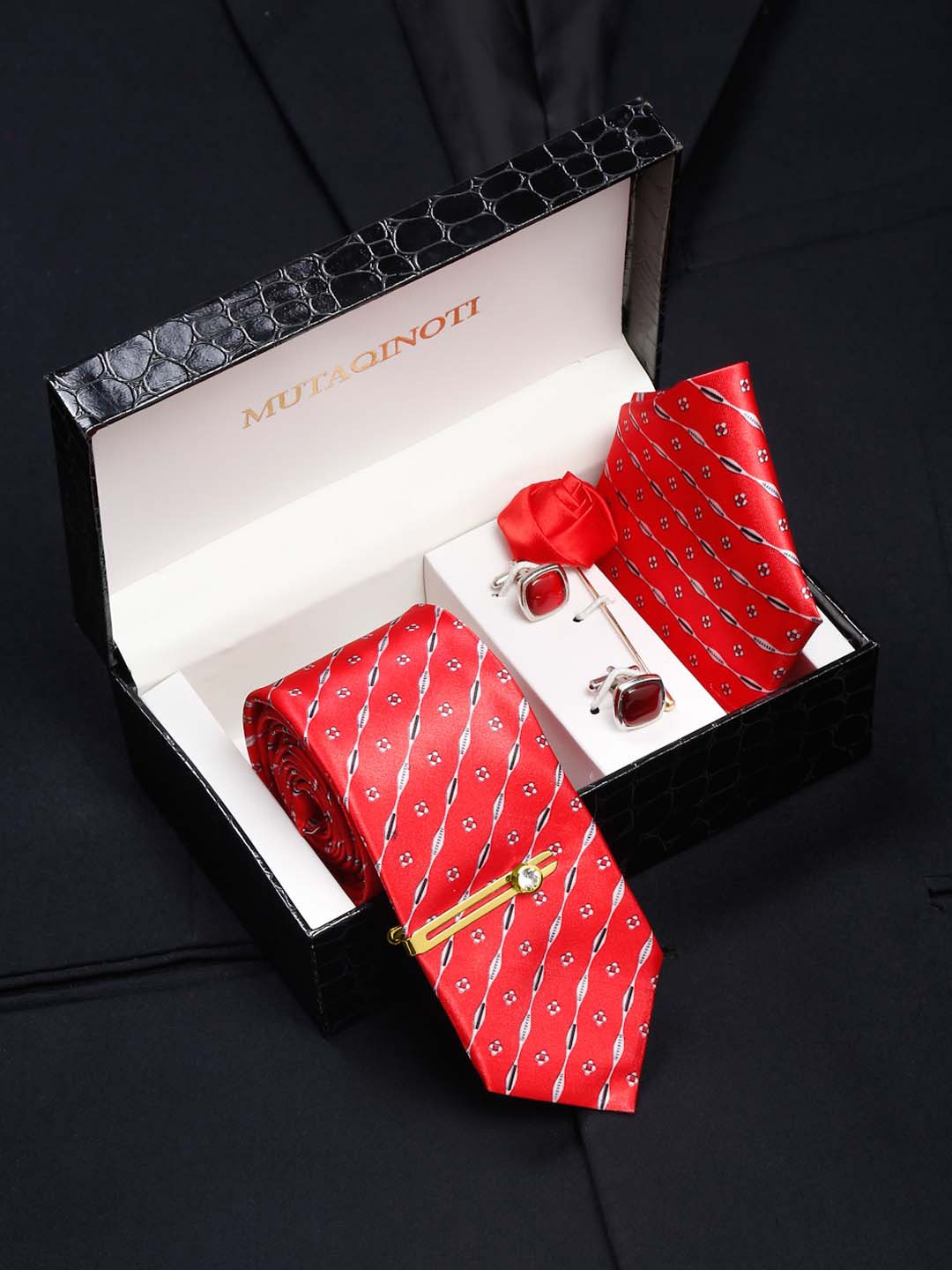 MUTAQINOTI Men Silk Blend Necktie Accessory Gift Set, Red