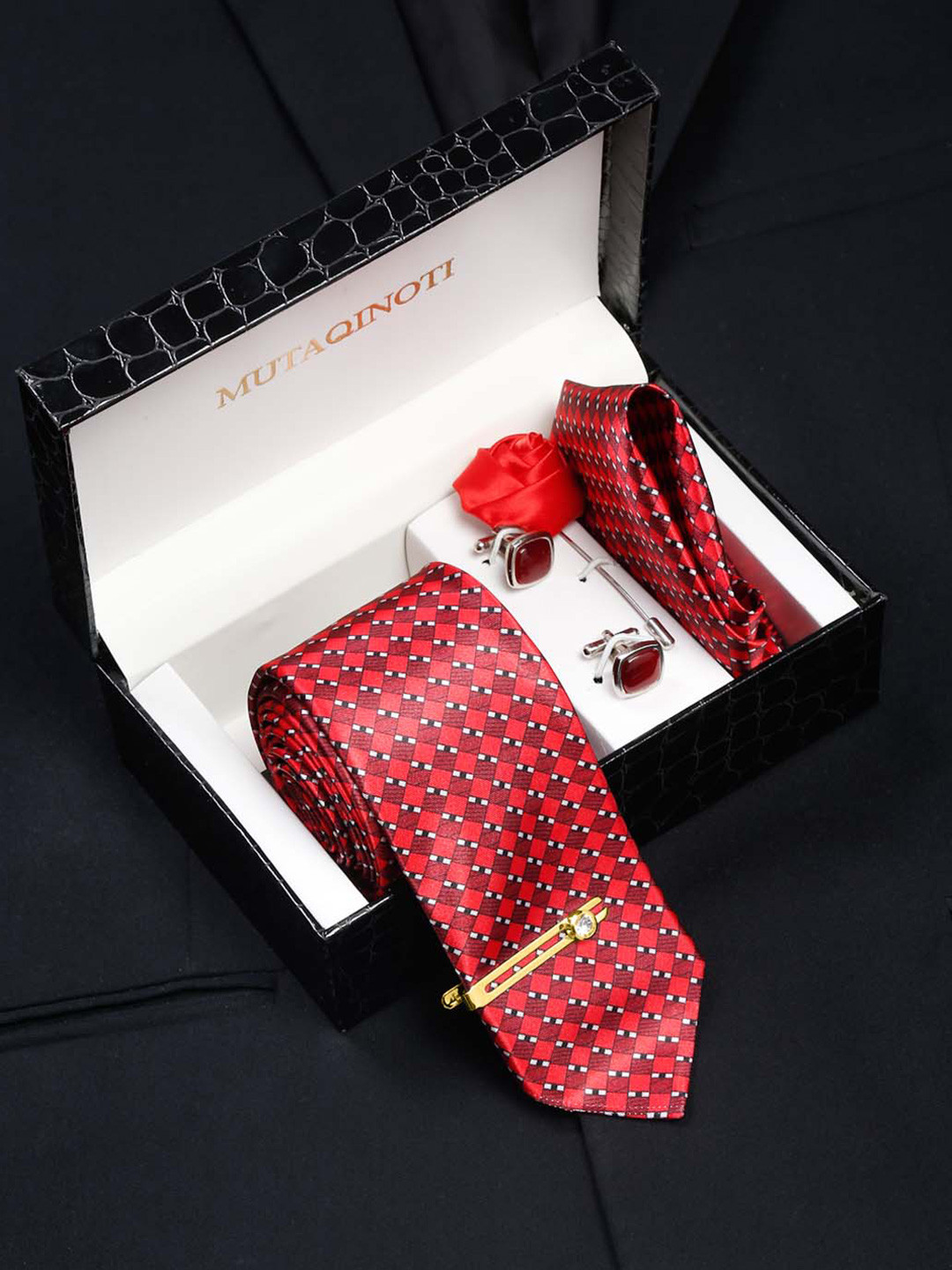 

MUTAQINOTI Men Checked Formal Accessory Gift set, Red