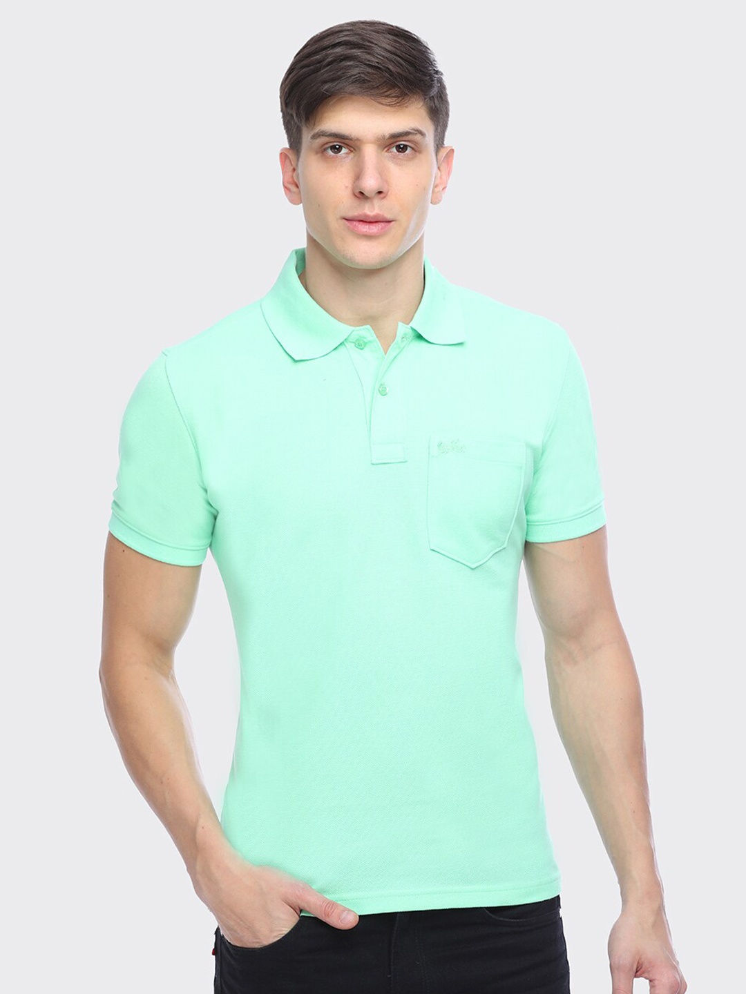 

LEAD & RIDE Men Sea Green Polo Collar Cotton T-shirt