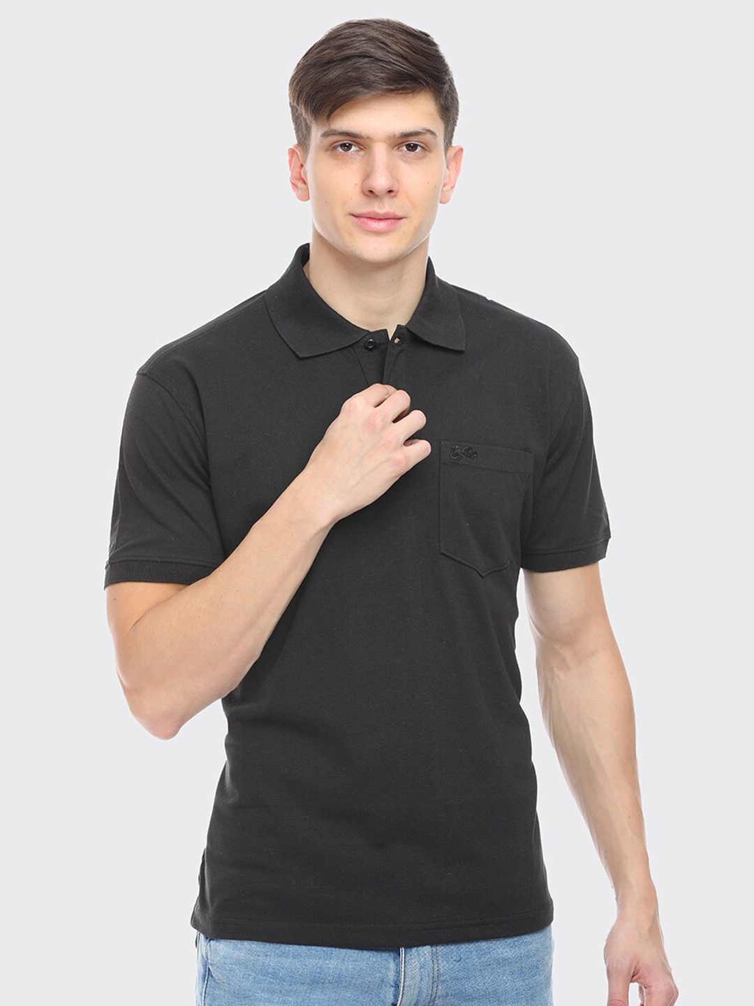 

LEAD & RIDE Men Black Polo Collar Cotton T-shirt