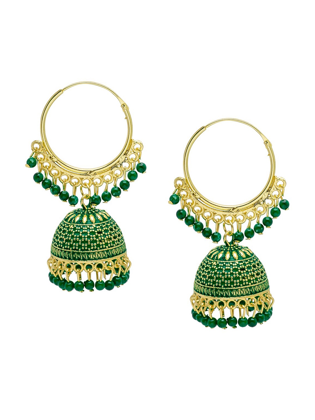

Shining Jewel - By Shivansh Gold-Toned & Green Contemporary Jhumkas Earrings