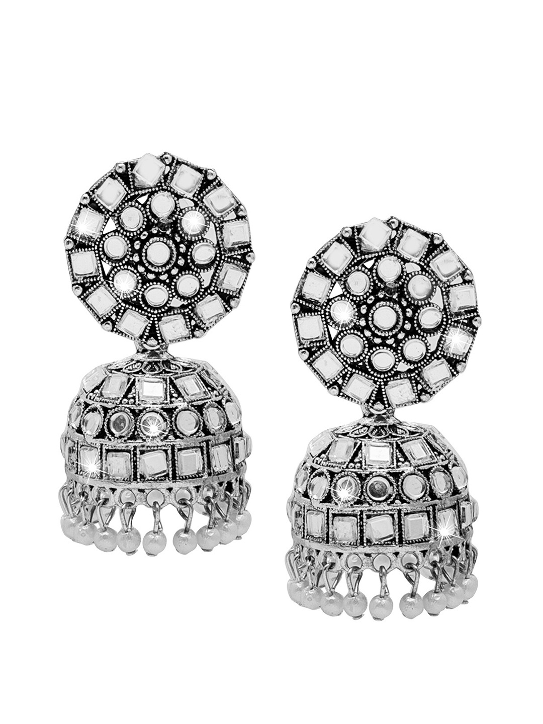 

Shining Jewel - By Shivansh Silver-Toned Contemporary Jhumkas Earrings