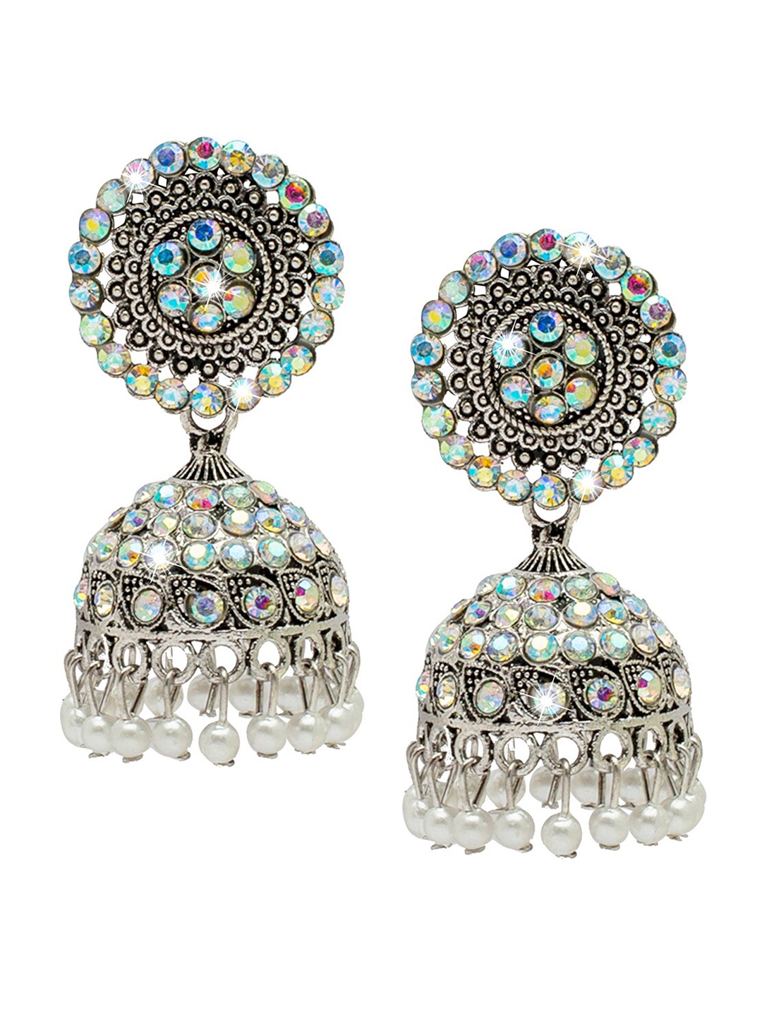 

Shining Jewel - By Shivansh Silver-Toned & Blue Contemporary Jhumkas Earrings