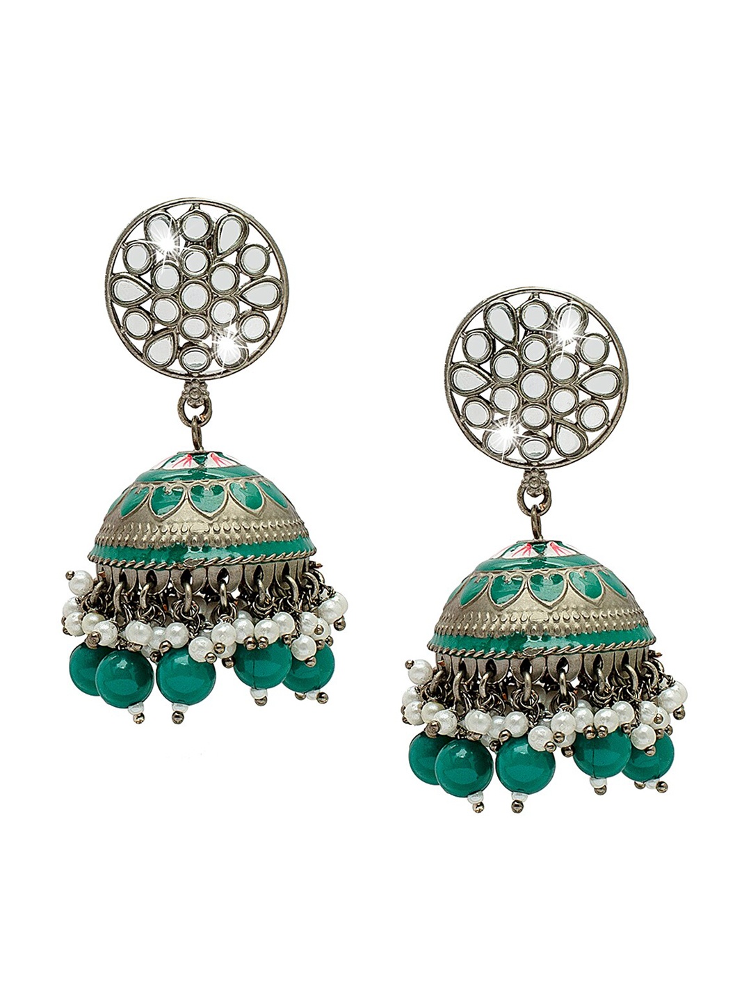 

Shining Jewel - By Shivansh Silver-Toned Silver Plated Dome Shaped Jhumkas Earrings
