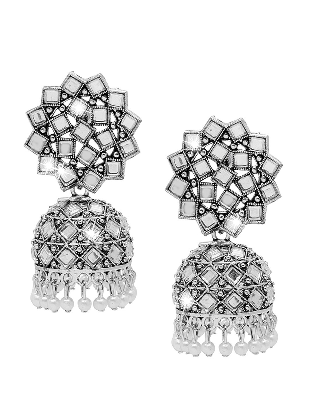 

Shining Jewel - By Shivansh Silver-Toned & White Contemporary Jhumkas Earrings