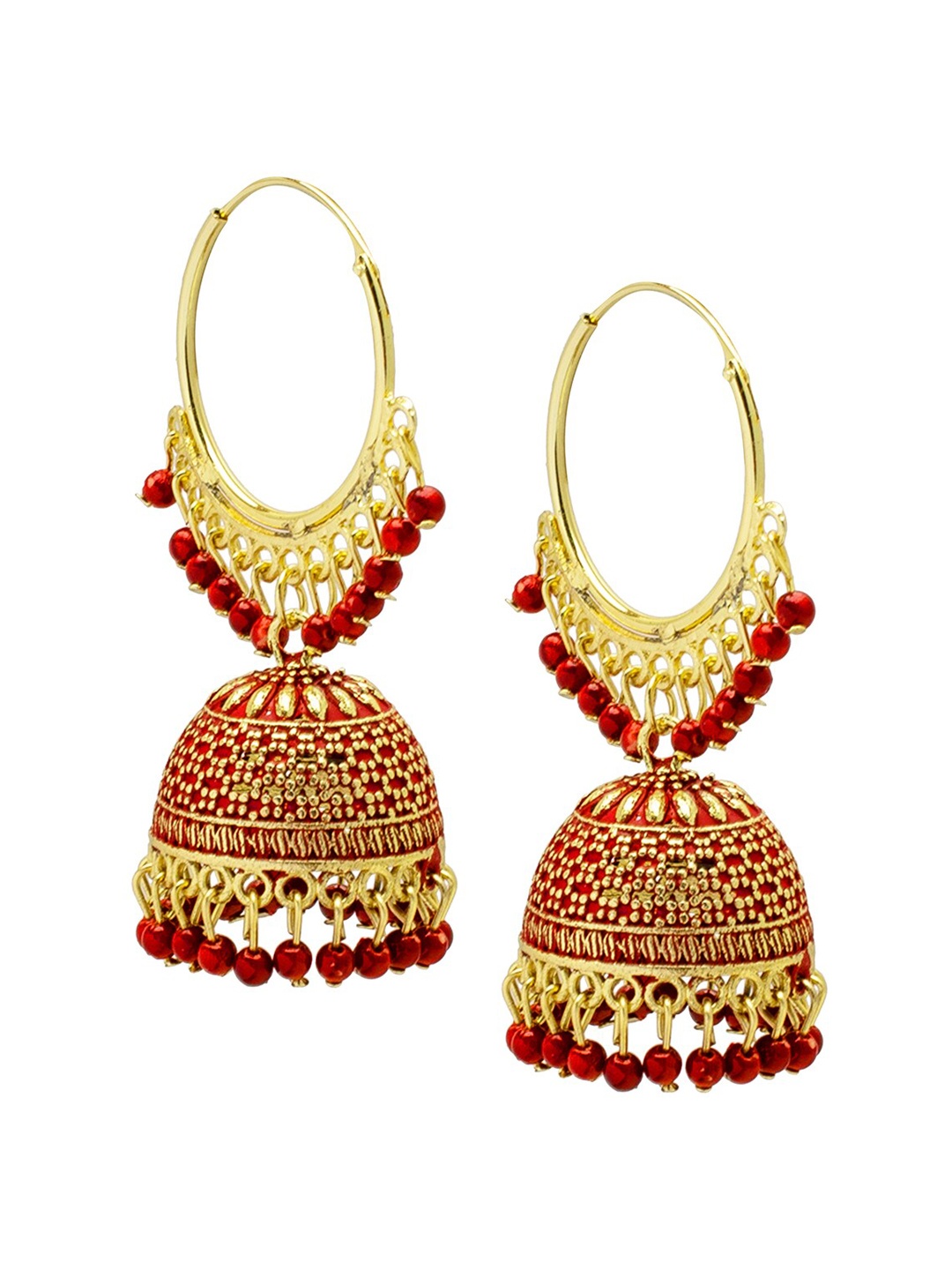 

Shining Jewel - By Shivansh Gold-Plated & Red Contemporary Jhumkas Earrings