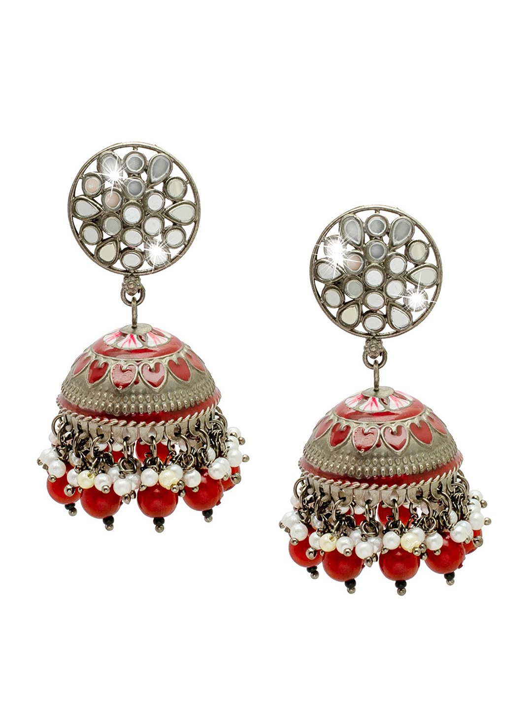 

Shining Jewel - By Shivansh Silver Plated Red Contemporary Jhumkas Earrings