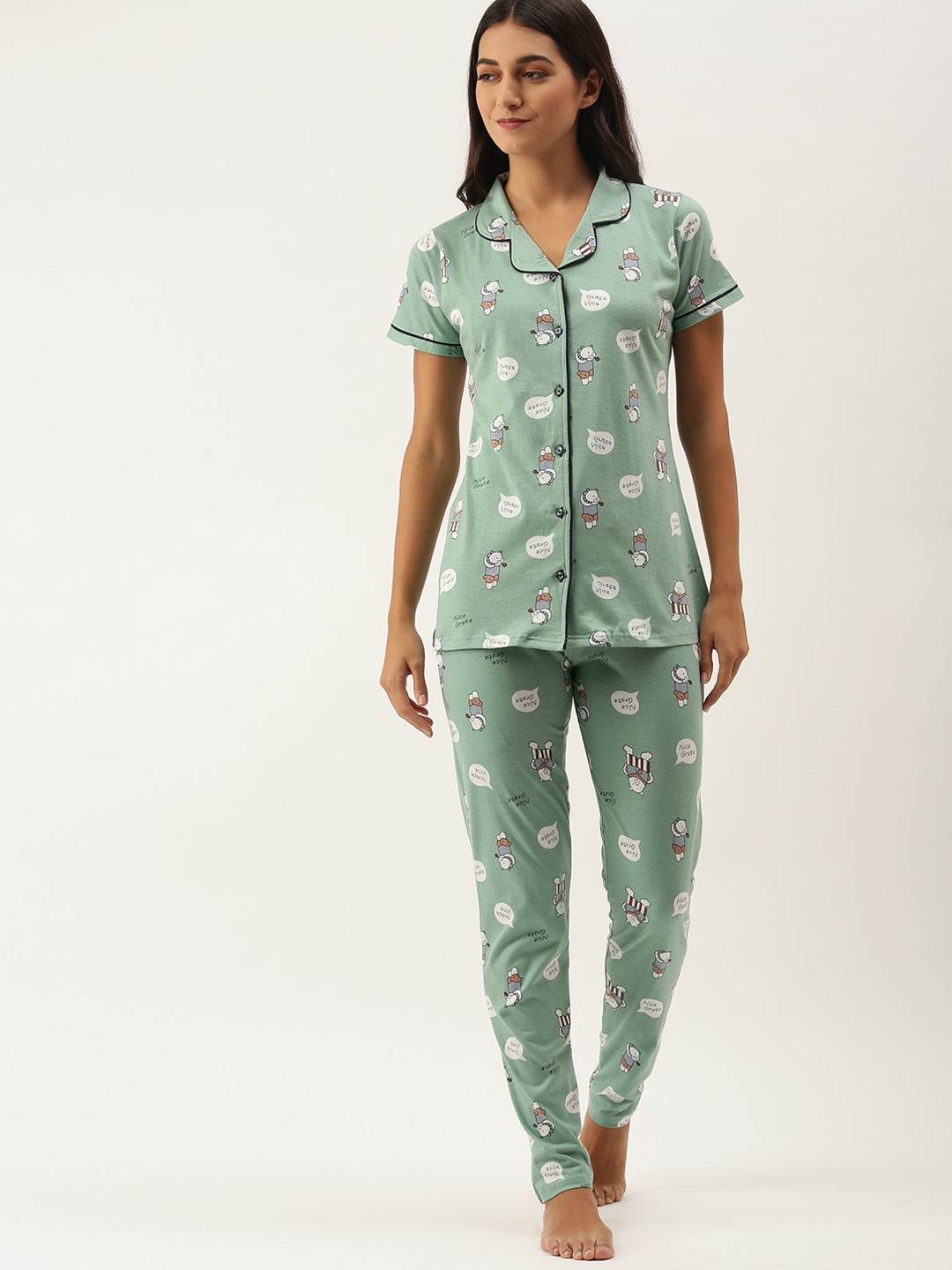 

RedRose Women Green & White Printed Pure Cotton Night suit
