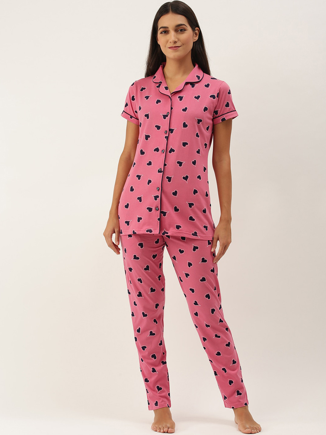 

RedRose Women Pink & Navy Blue Cotton Printed Night suit 8167 B-Pink