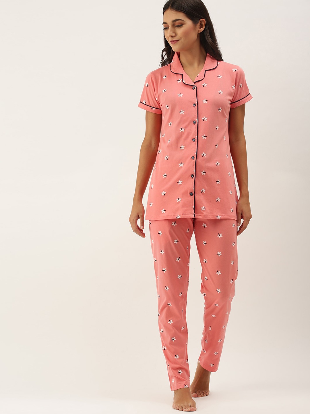 

RedRose Women Orange & White Printed Night suit