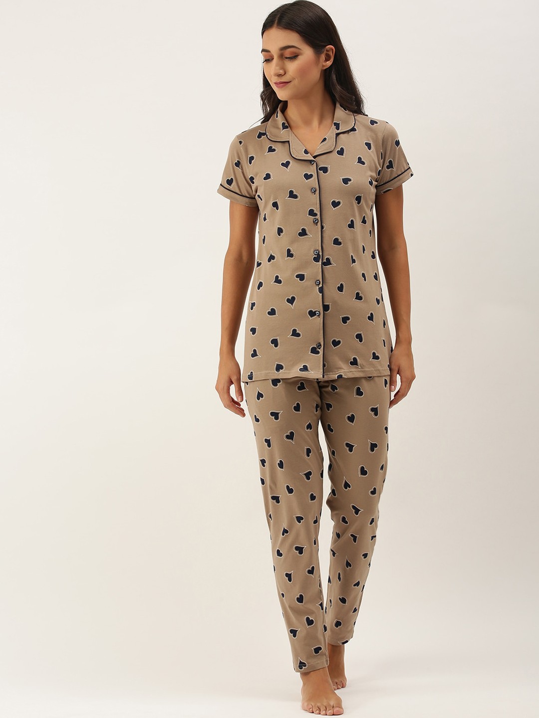 

RedRose Women Brown & Black Printed Pure Cotton Night suit