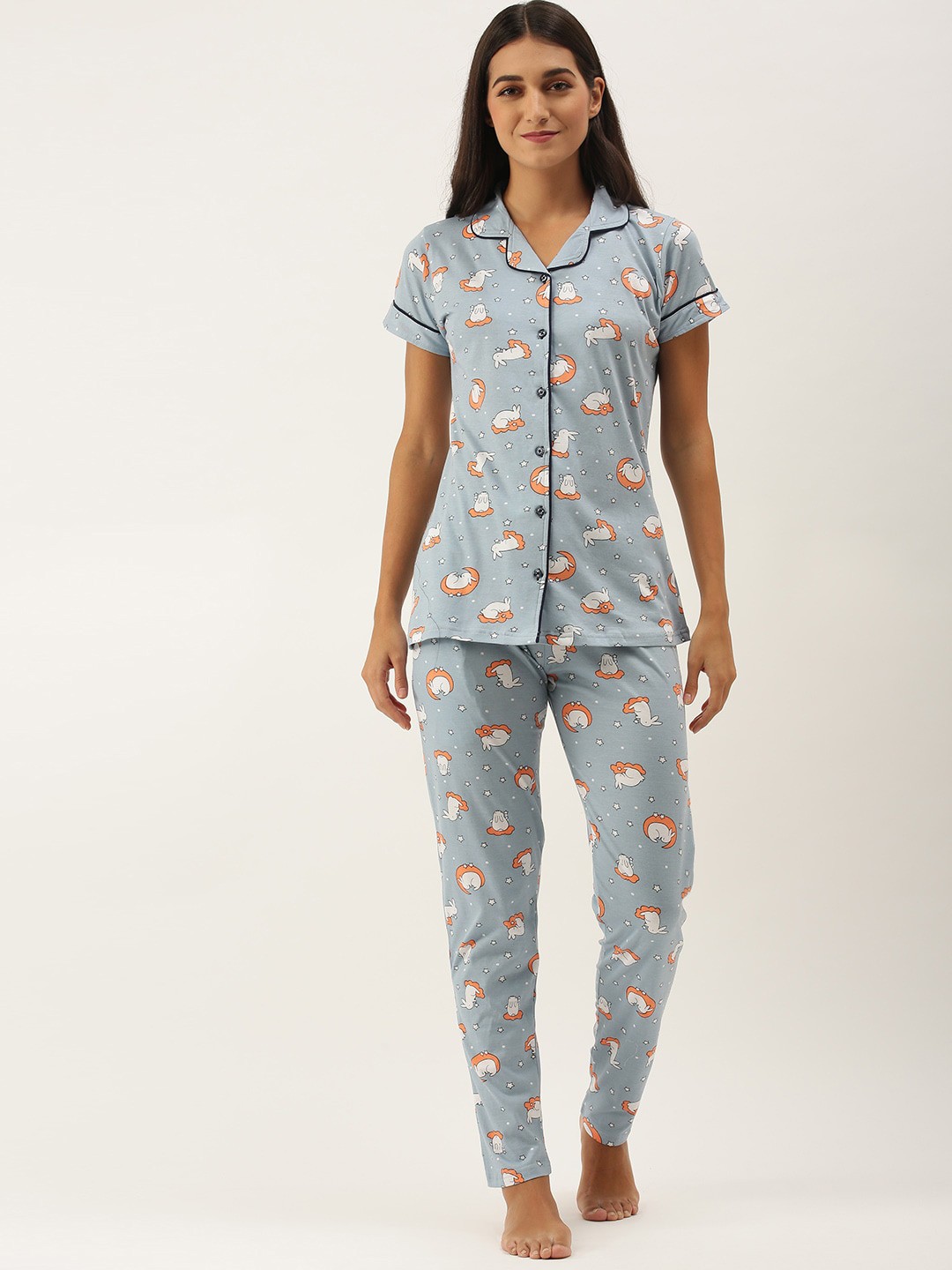 

RedRose Women Blue & White Printed Night suit