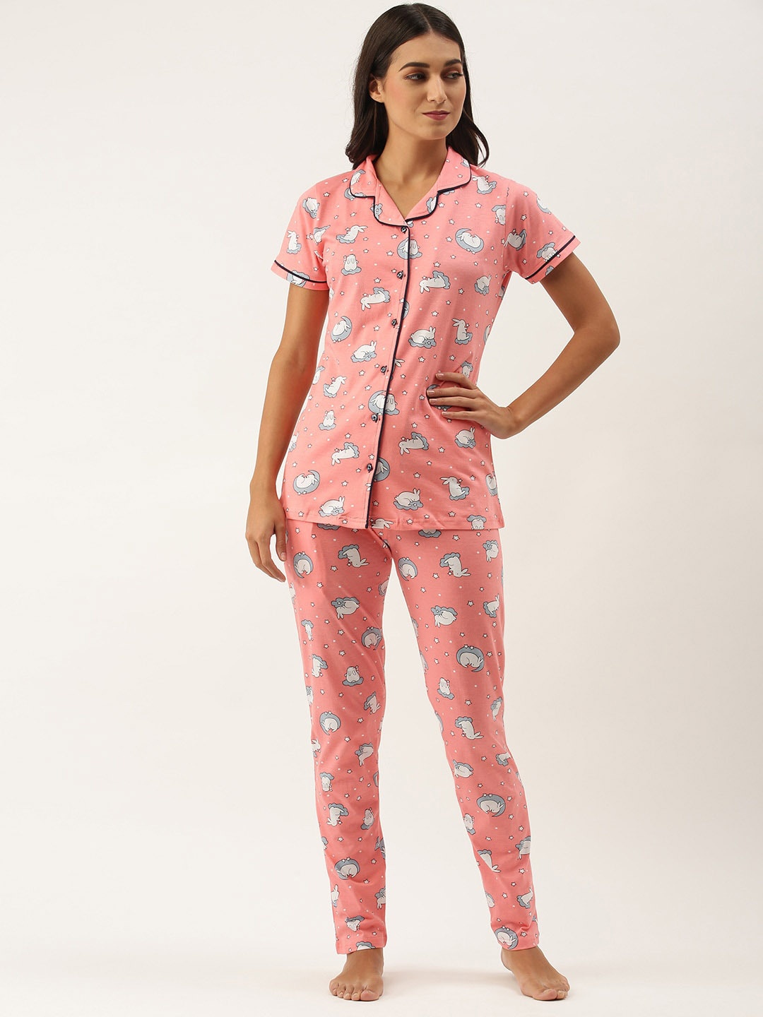 

RedRose Women Peach-Coloured & White Pure Cotton Printed Night suit