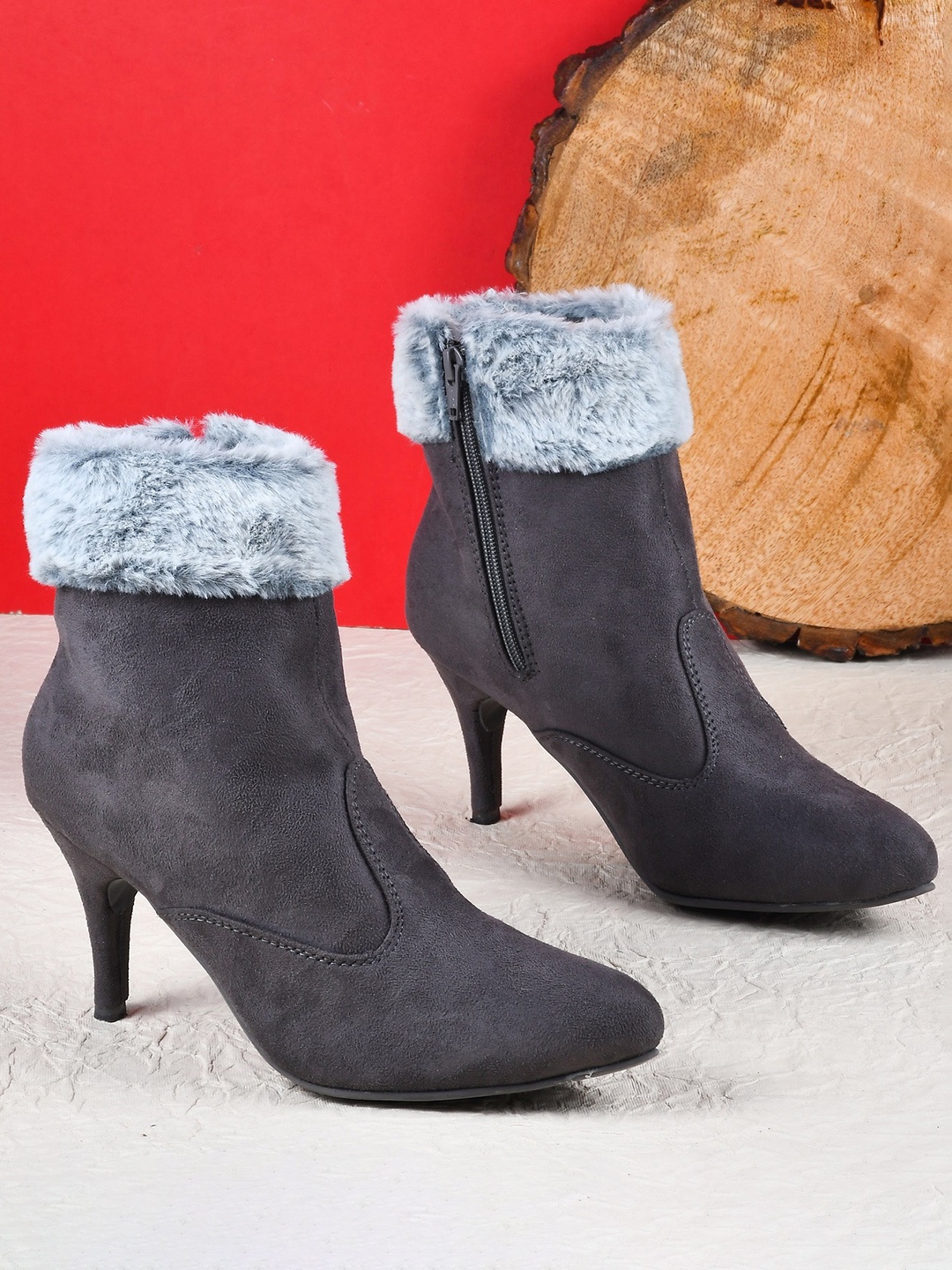 

THE WHITE POLE Women Grey Solid Short Stiletto Heeled Boots