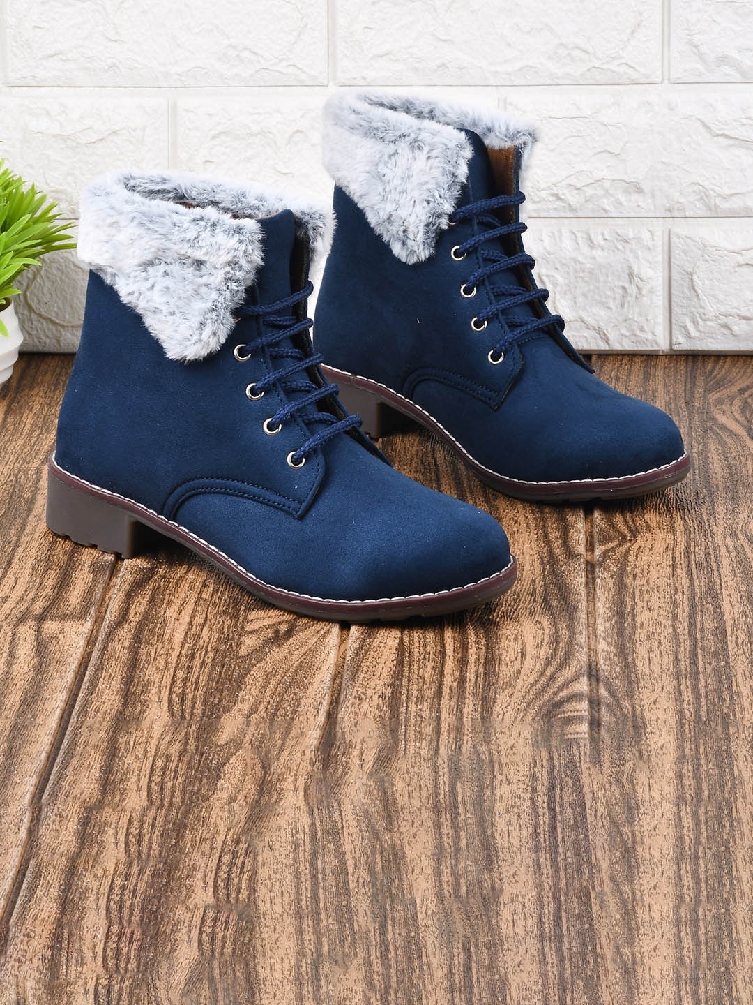 

THE WHITE POLE Women Navy Blue Solid Fur Suede Boots