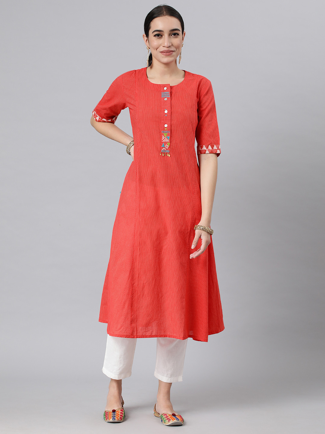 

araaliya Women Thread Work A-Line Kurta, Orange