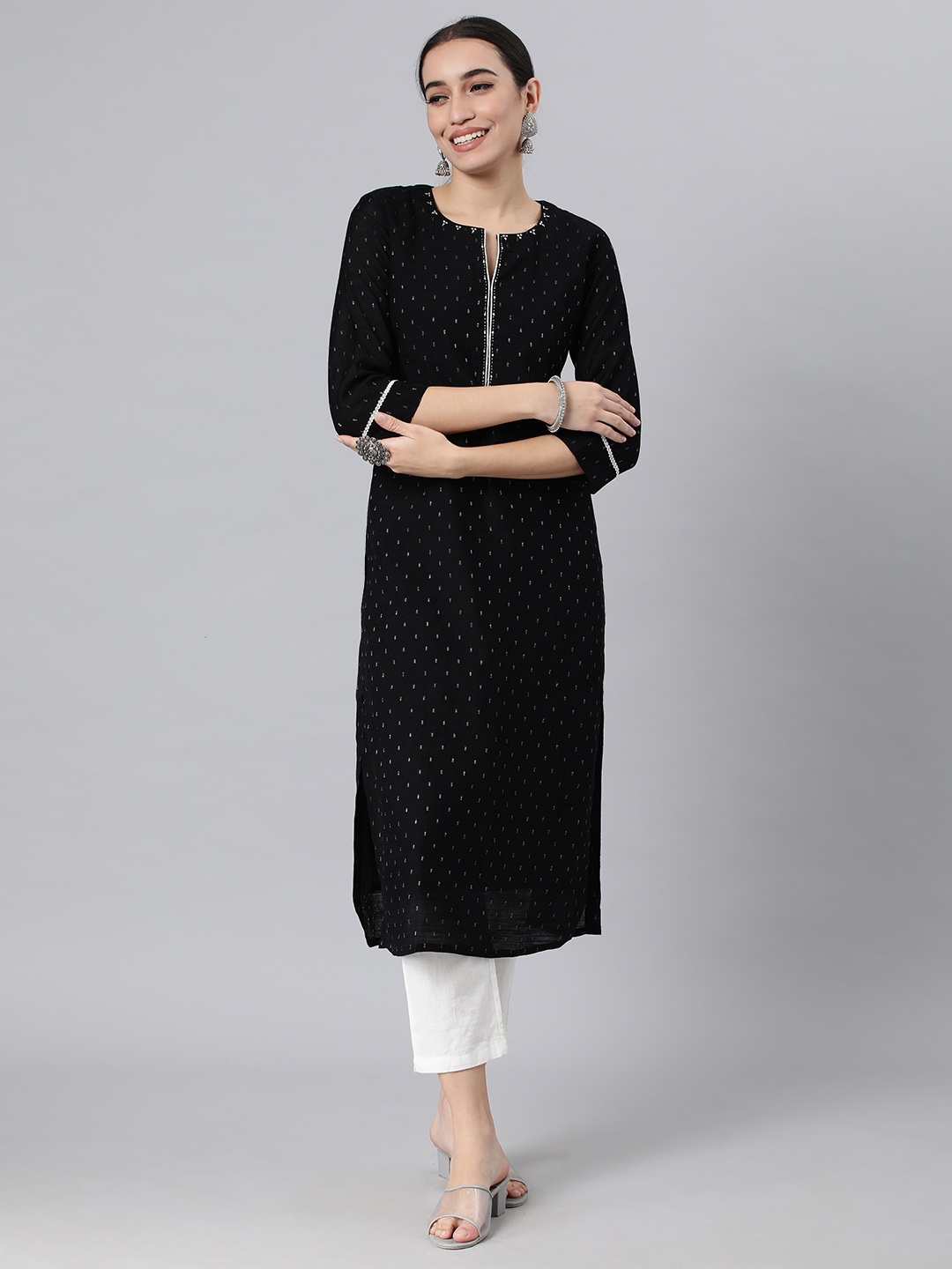 

araaliya Women Straight Dobby Kurta, Black
