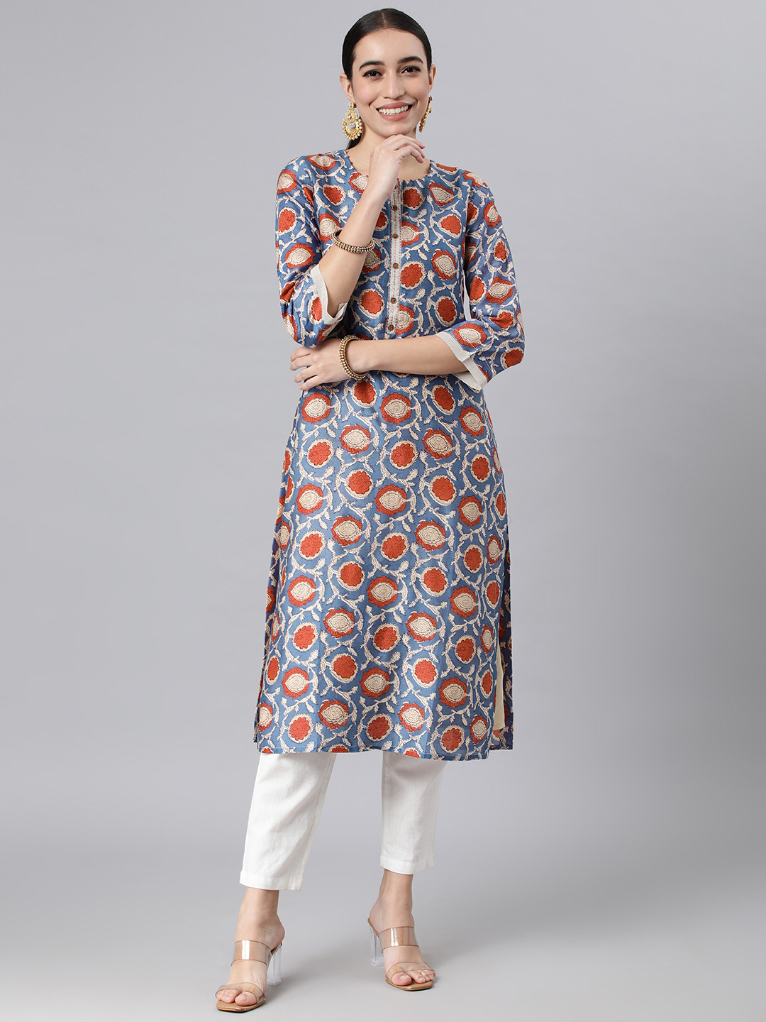 

araaliya Women Ethnic Motifs Printed Thread Work Chanderi Silk Kurta, Blue