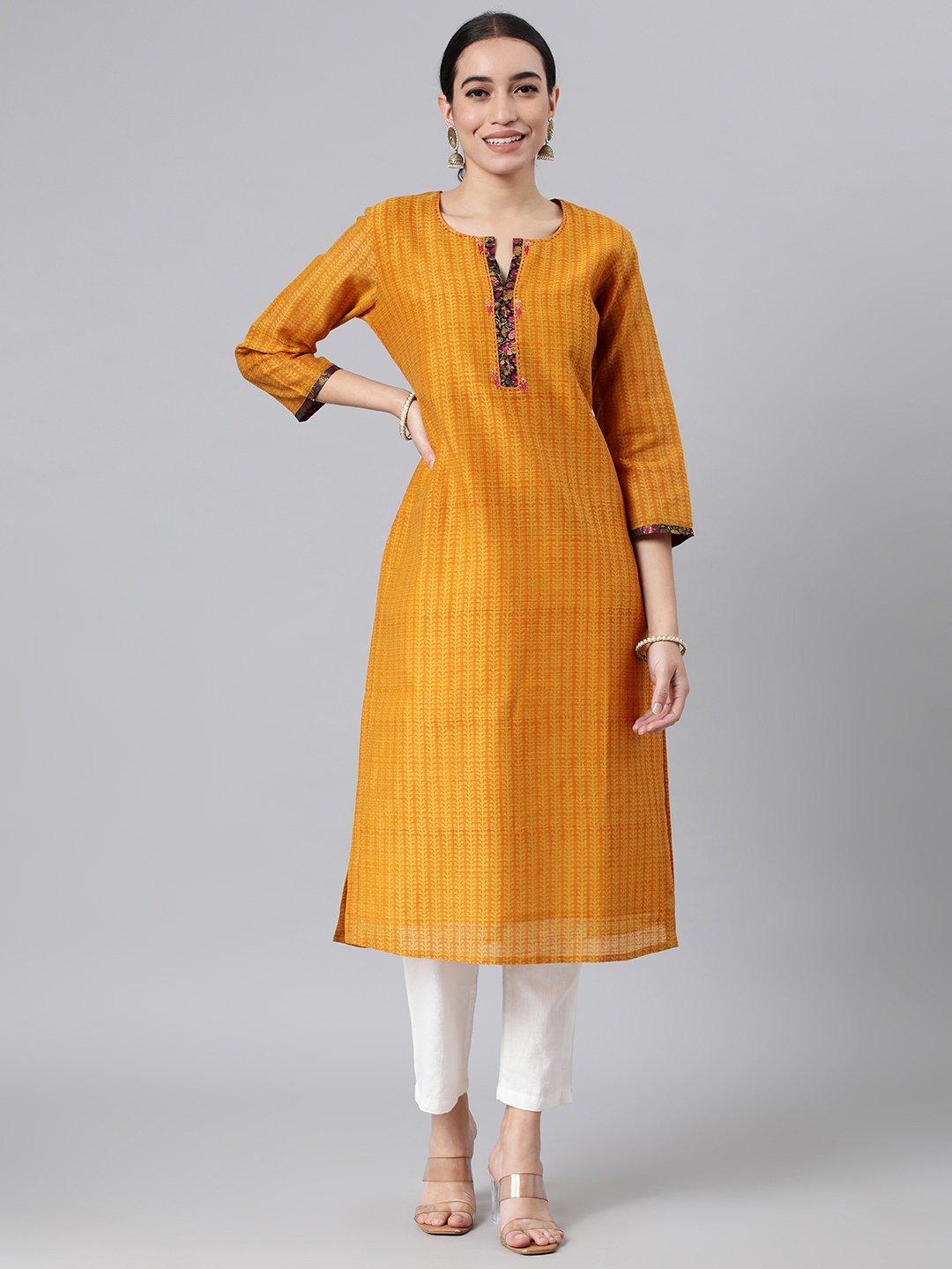 

araaliya Women Yoke Design Thread Work Kurta, Mustard