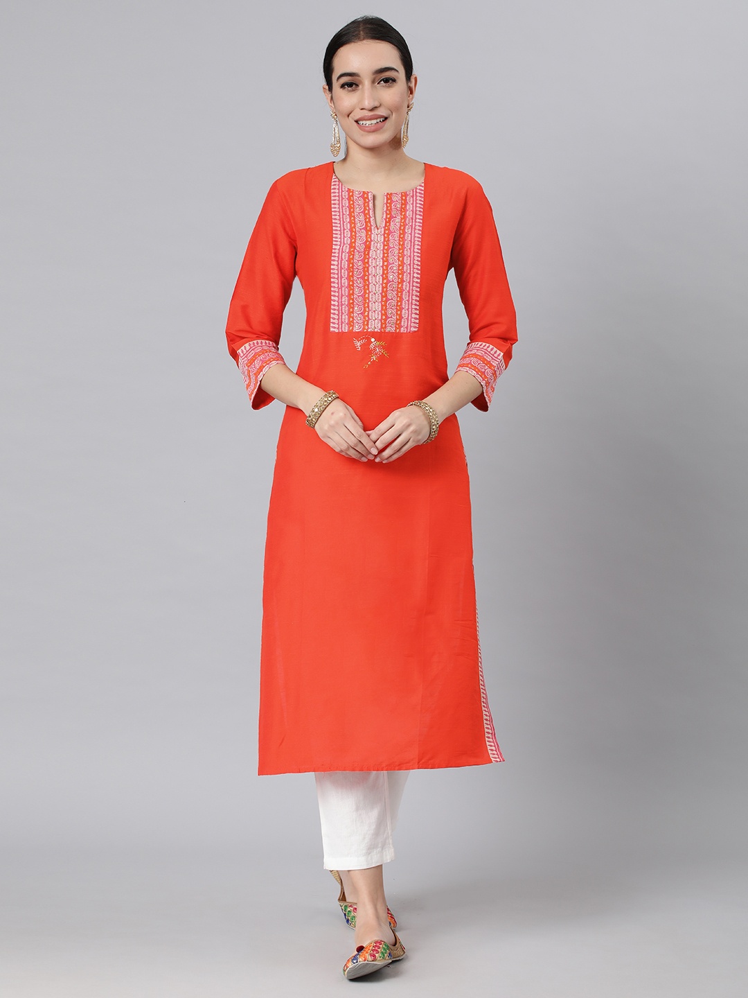 

araaliya Women Yoke Design Thread Work Kurta, Orange
