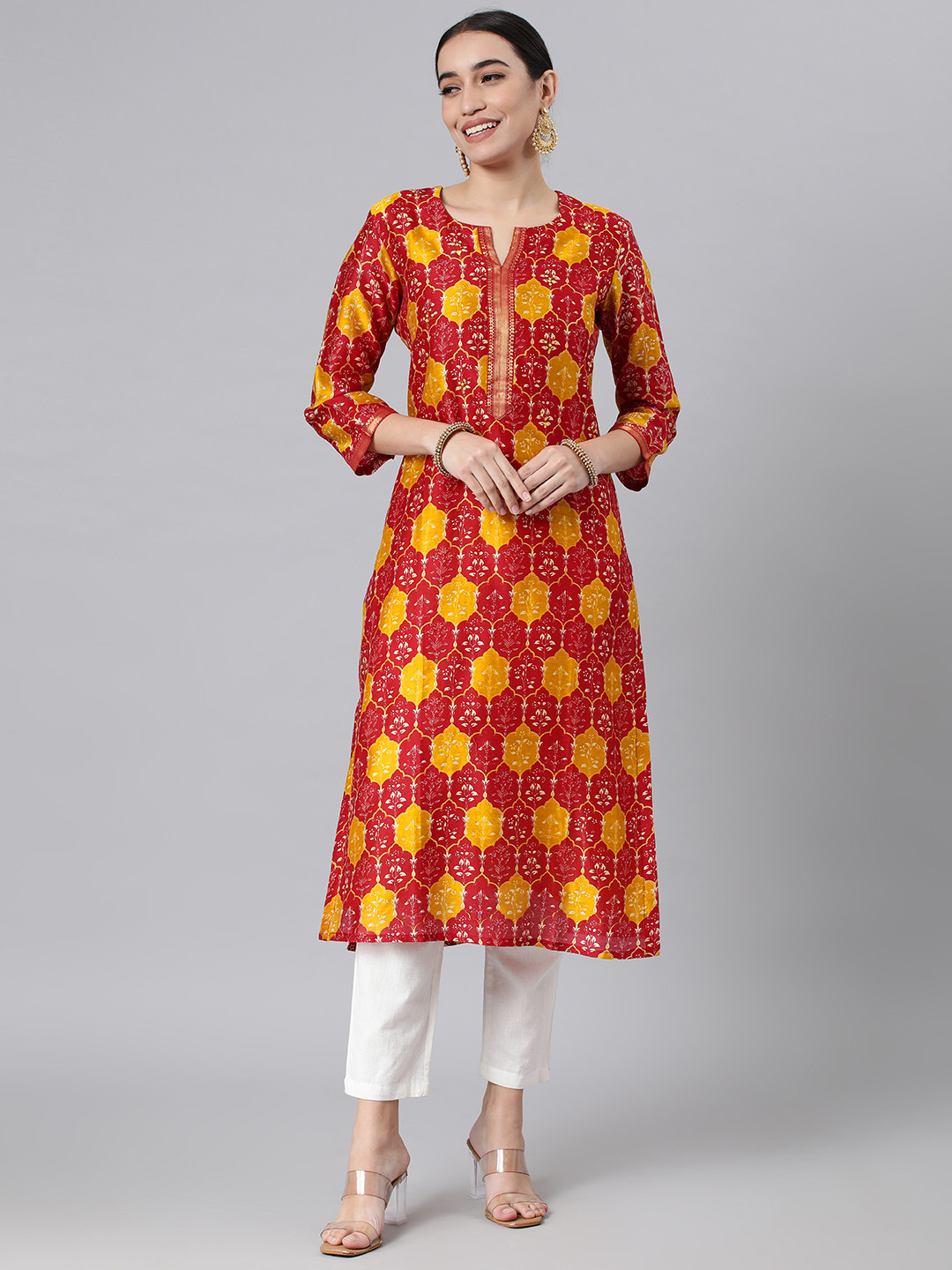 

araaliya Women Ethnic Motifs Printed Chanderi Silk Kurta, Red