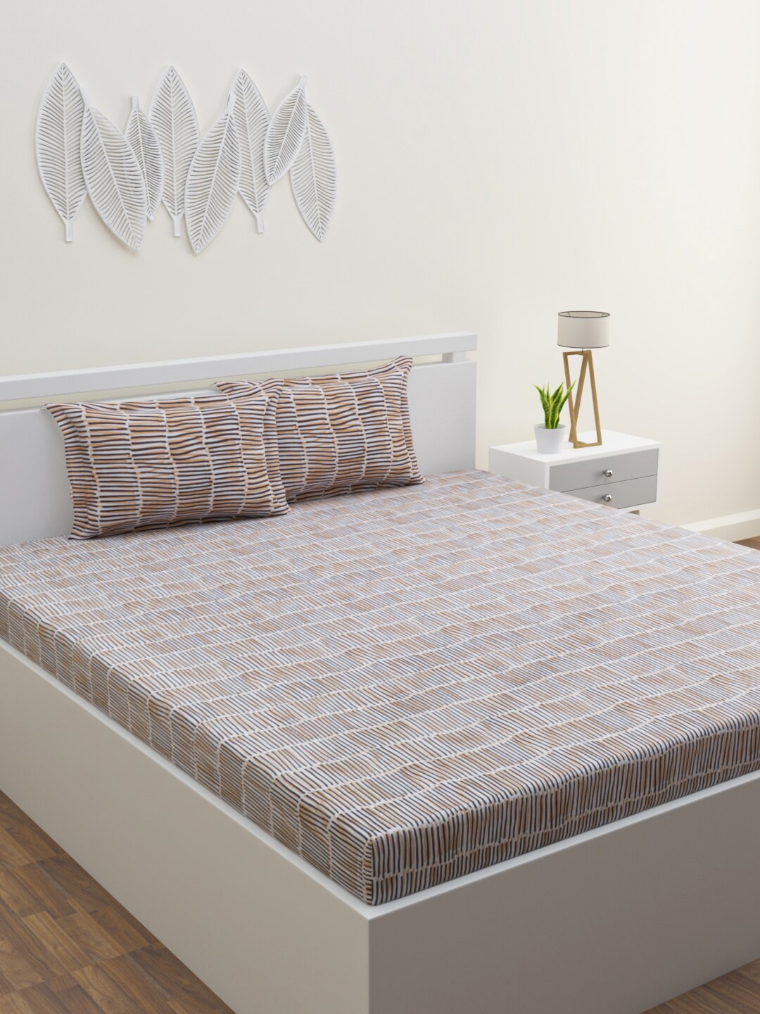 

HOME AFFAIRS Brown & White Striped 144 TC King Cotton Bedsheet with 2 Pillow Covers