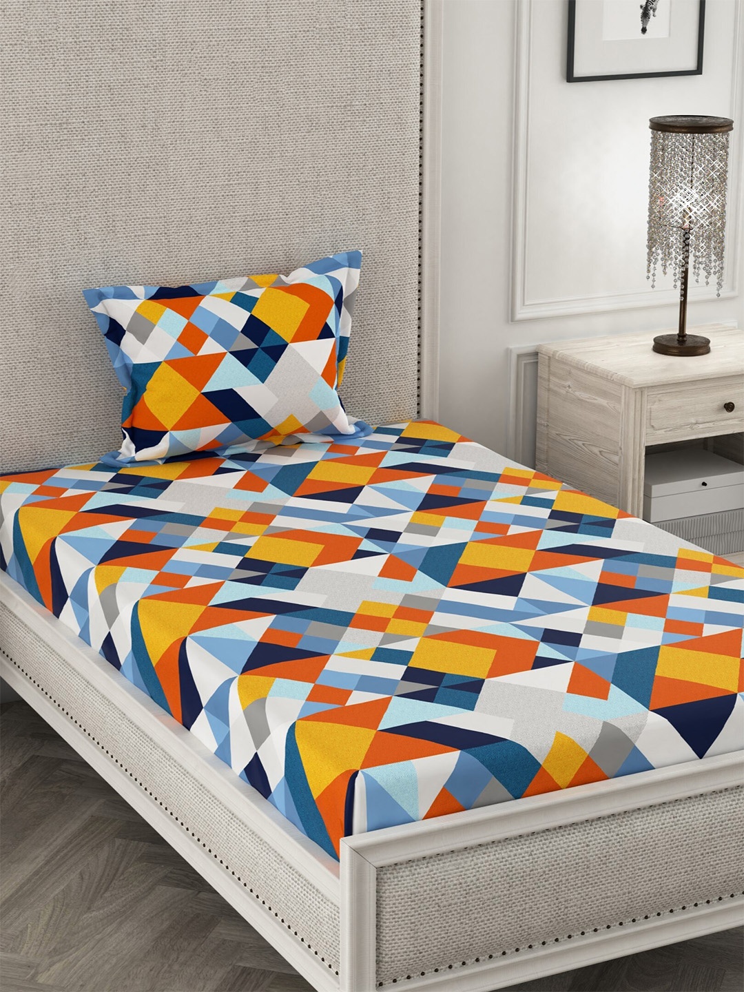 

CHHAVI INDIA Yellow & Orange Geometric 210 TC Single Bedsheet with 1 Pillow Cover