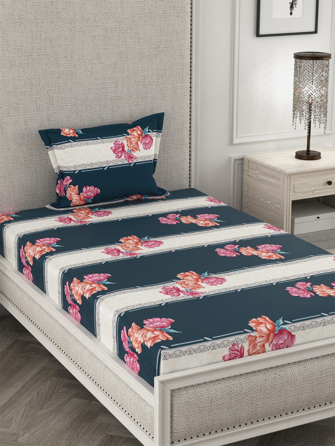 

CHHAVI INDIA Teal & Blue Floral 210 TC Single Bedsheet with 1 Pillow Covers