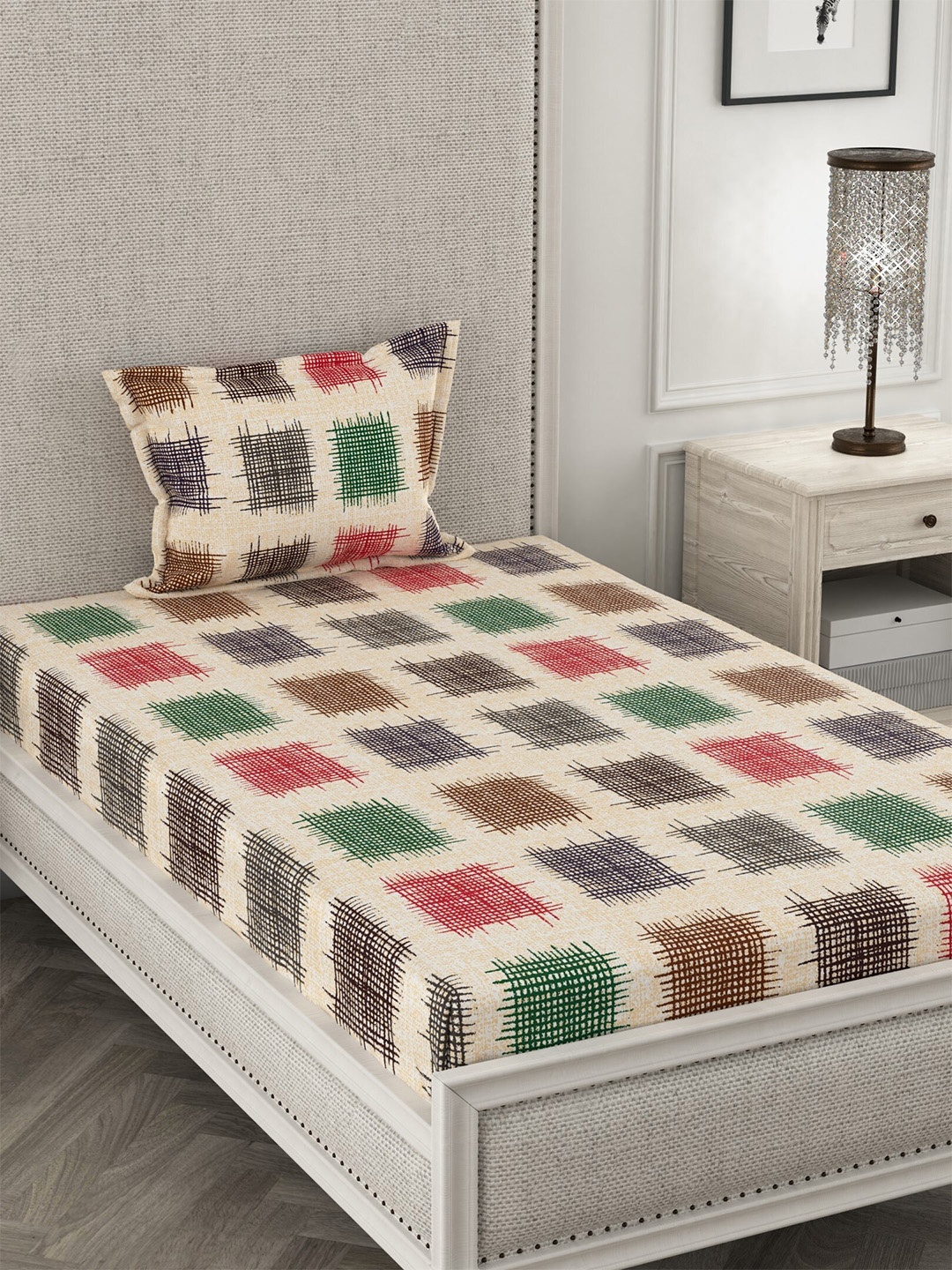 

CHHAVI INDIA 210 TC Cream-Coloured & Green Geometric Single Bedsheet with 1 Pillow Cover