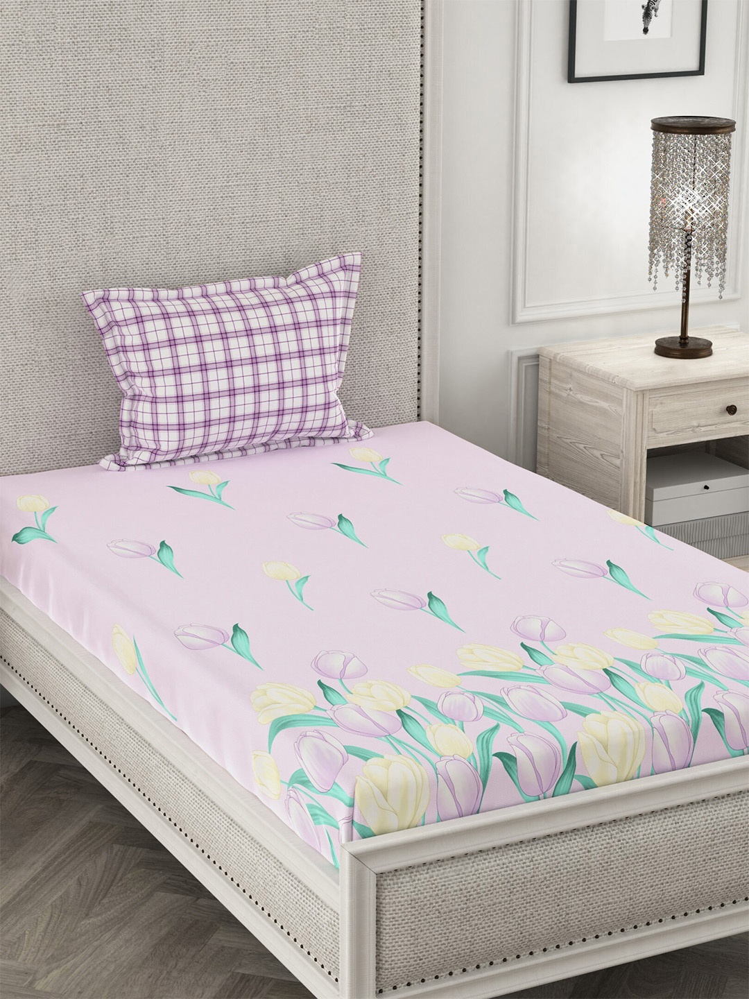 

CHHAVI INDIA Purple & Green Floral 210 TC Single Bedsheet with 1 Pillow Covers