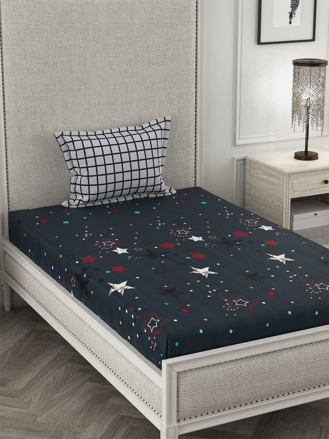 

CHHAVI INDIA Blue & Red Geometric 210 TC Single Bedsheet with 1 Pillow Cover
