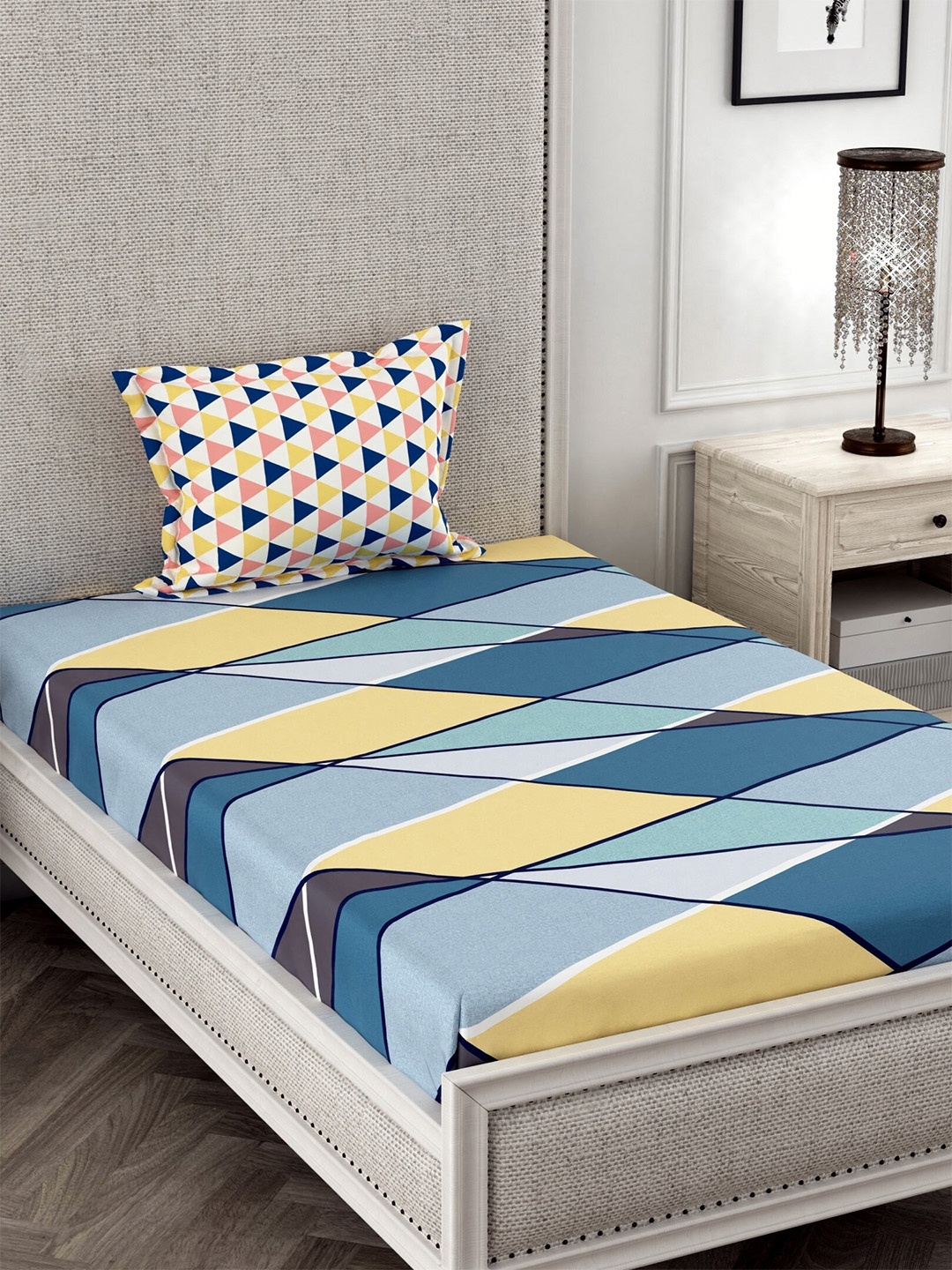 

CHHAVI INDIA Yellow & Blue Geometric 210 TC Single Bedsheet with 1 Pillow Cover