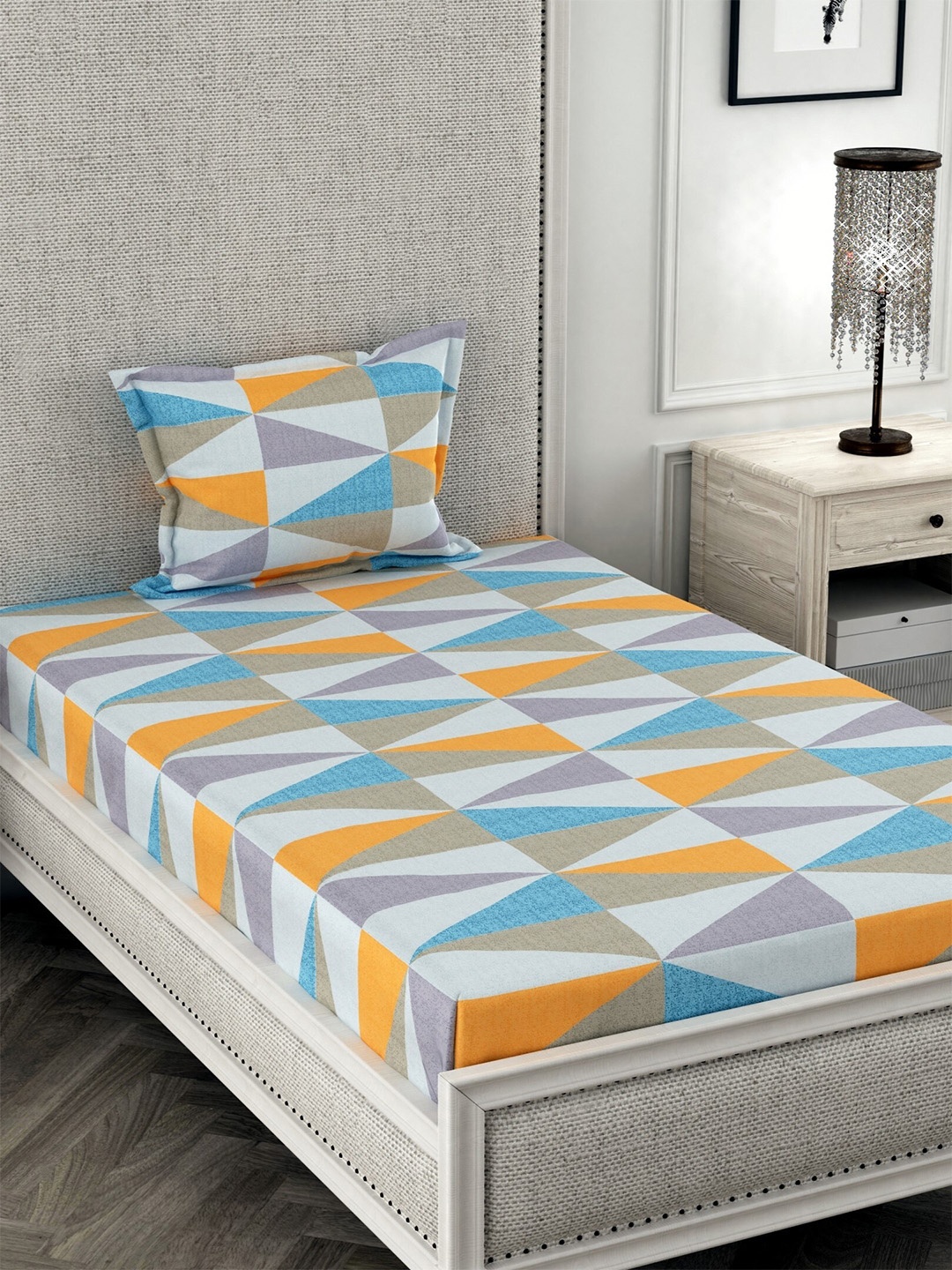 

CHHAVI INDIA Blue & Purple Geometric 210 TC Single Bedsheet with 1 Pillow Cover