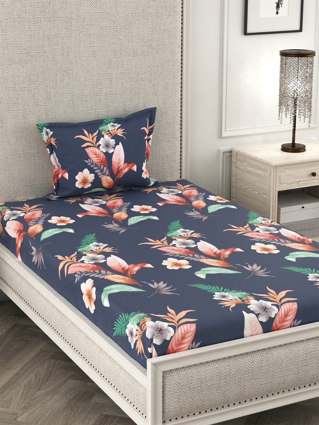 

CHHAVI INDIA Blue & Green Floral 210 TC Single Bedsheet with 1 Pillow Covers
