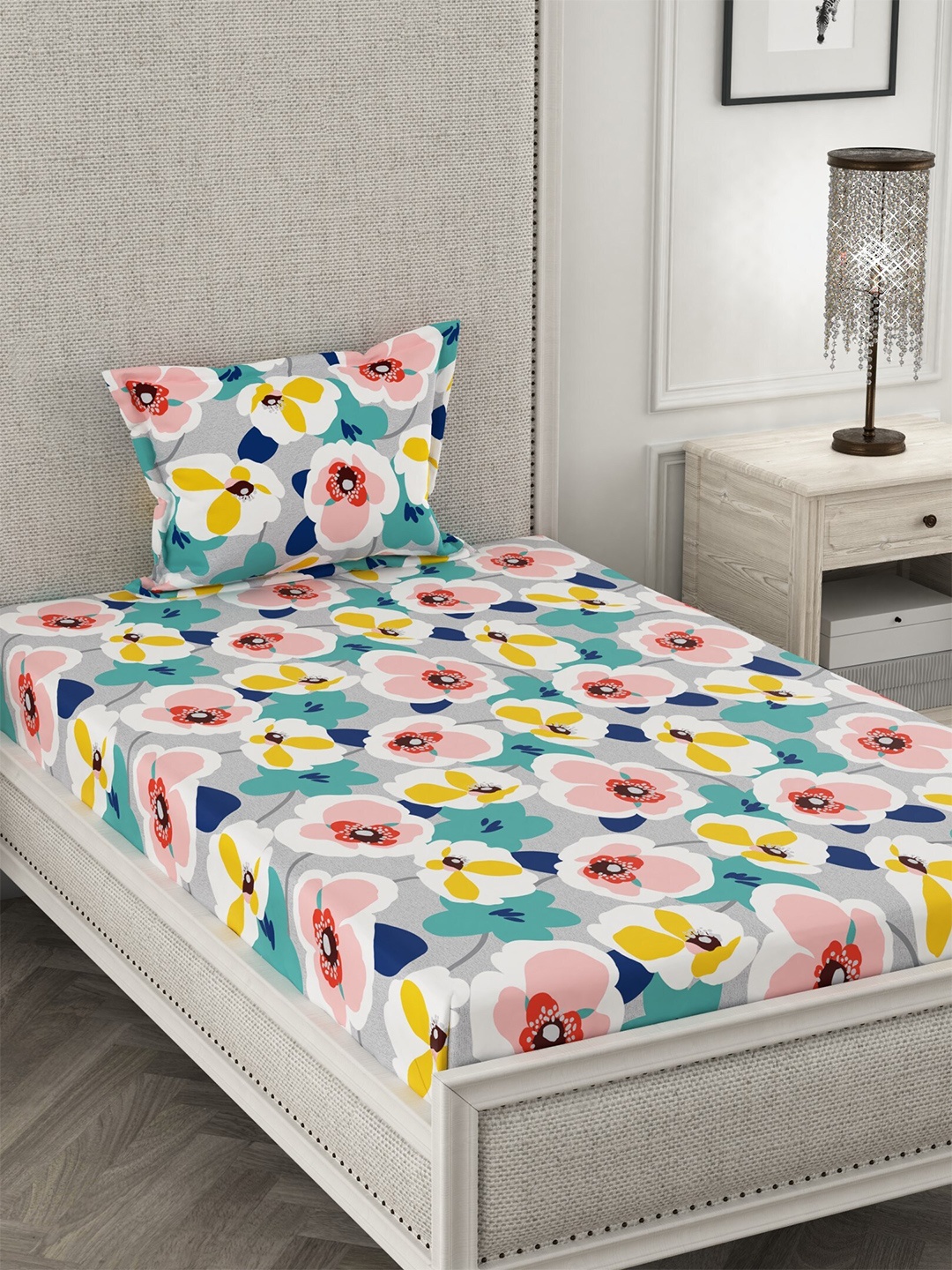 

CHHAVI INDIA Grey & Yellow Floral 210 TC Single Bedsheet with 1 Pillow Cover