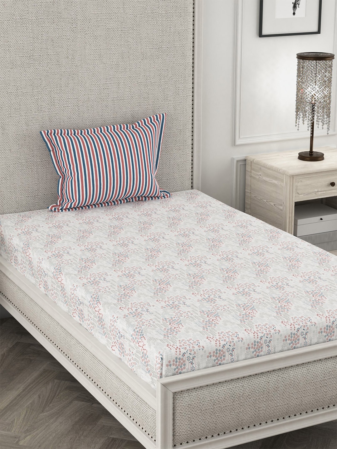 

CHHAVI INDIA White & Rust Striped 210 TC Single Bedsheet with 1 Pillow Covers