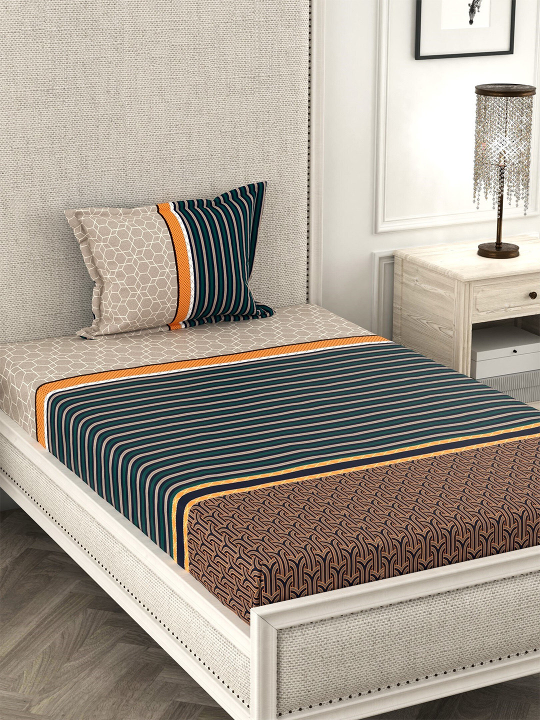 

CHHAVI INDIA Brown & Black Striped 210 TC Single Bedsheet with 1 Pillow Covers