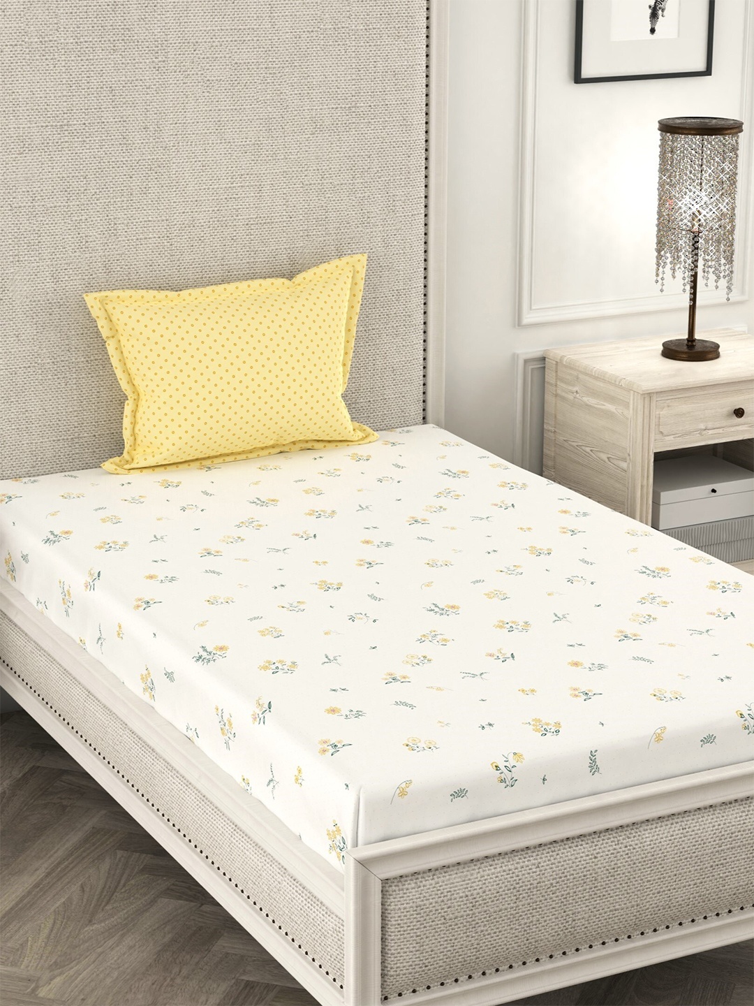 

CHHAVI INDIA White & Mustard Floral 210 TC Single Bedsheet with 1 Pillow Covers
