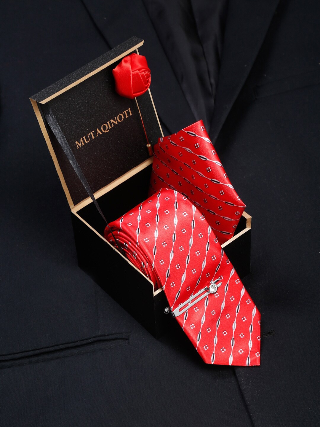 

MUTAQINOTI Men Red Polyester Tie Cufflinks Pocket Square Accessory Gift Set