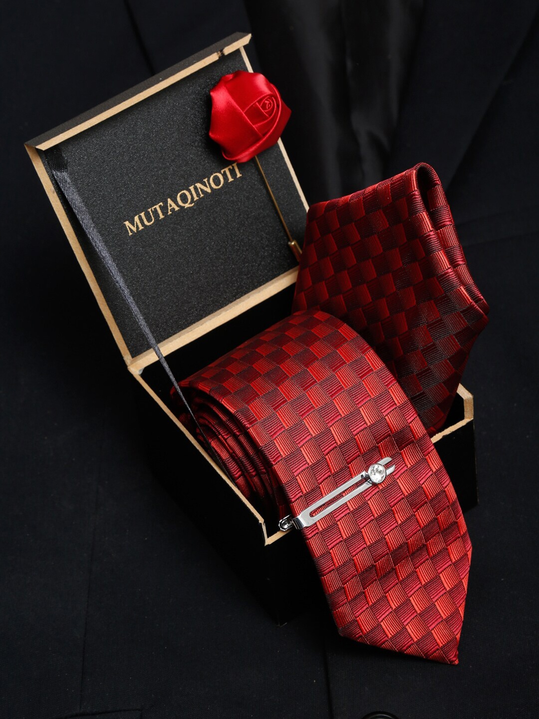 

MUTAQINOTI Men Silk Necktie Accessory Gift Set, Red