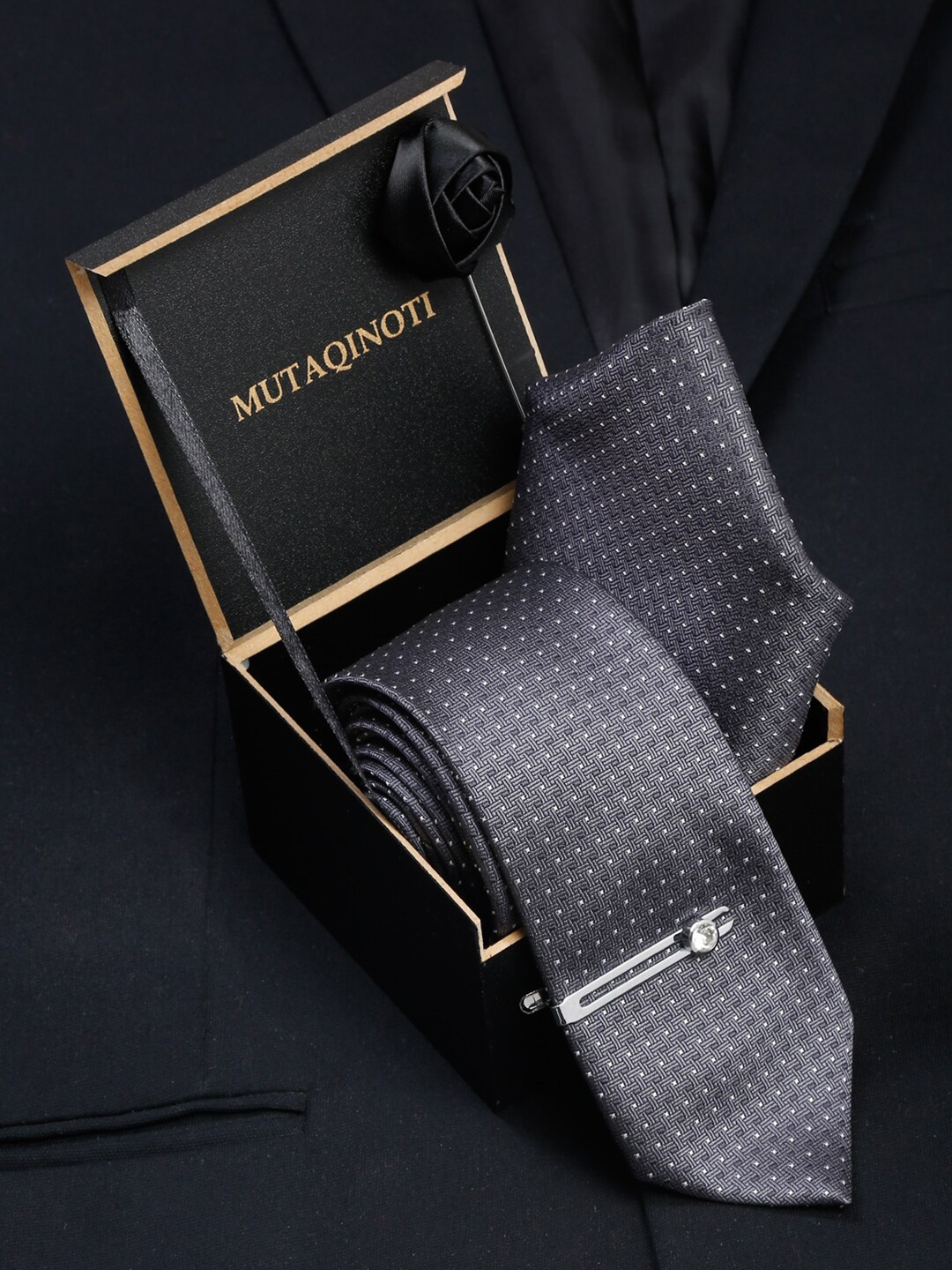 

MUTAQINOTI Men Grey Formal Tie Accessory Gift Set