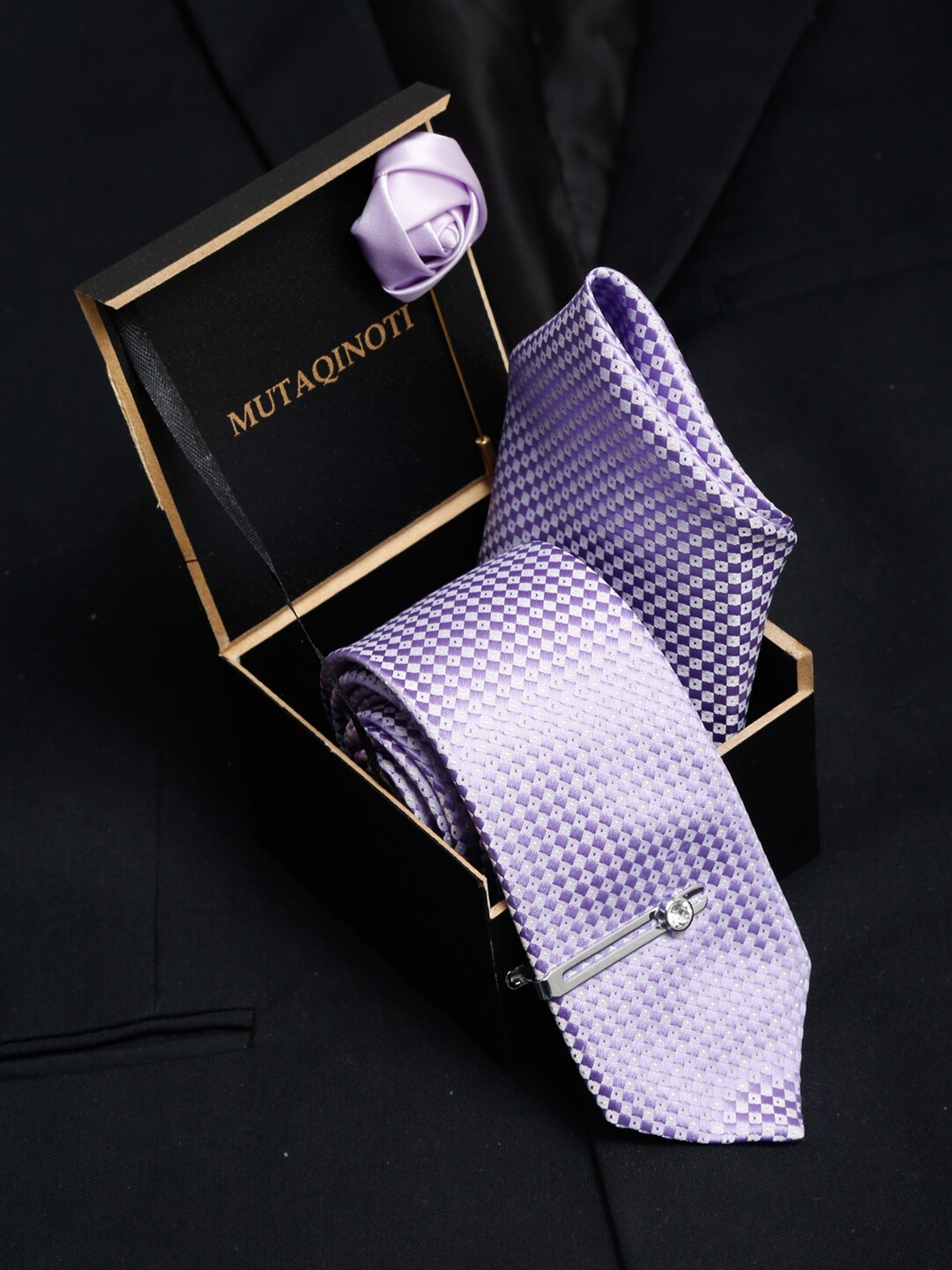 

MUTAQINOTI Men Grey & Lavender Tie Cufflinks Pocket Square Accessory Gift Set