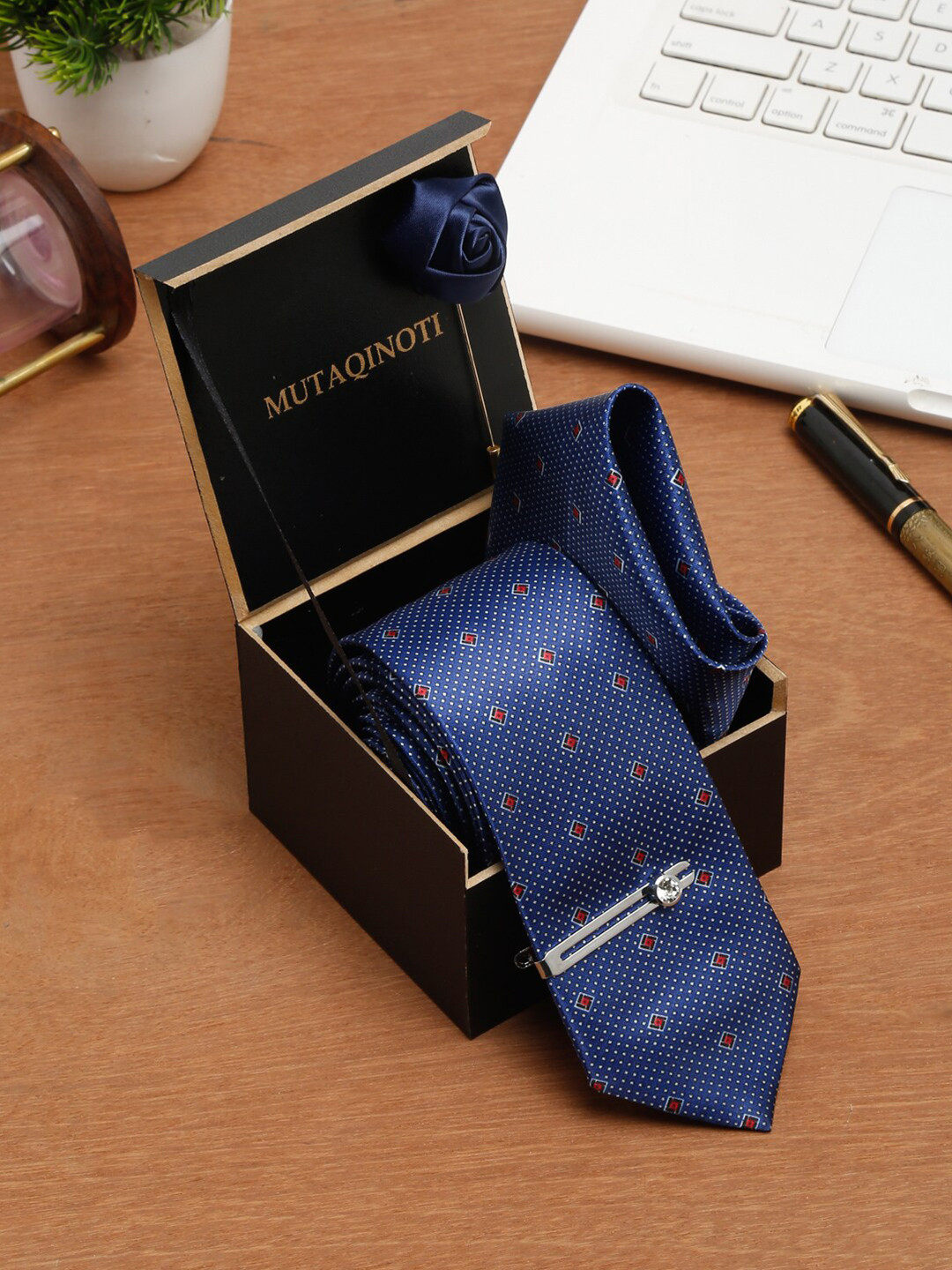 

MUTAQINOTI Men Blue Printed Formal Accessory Gift Set