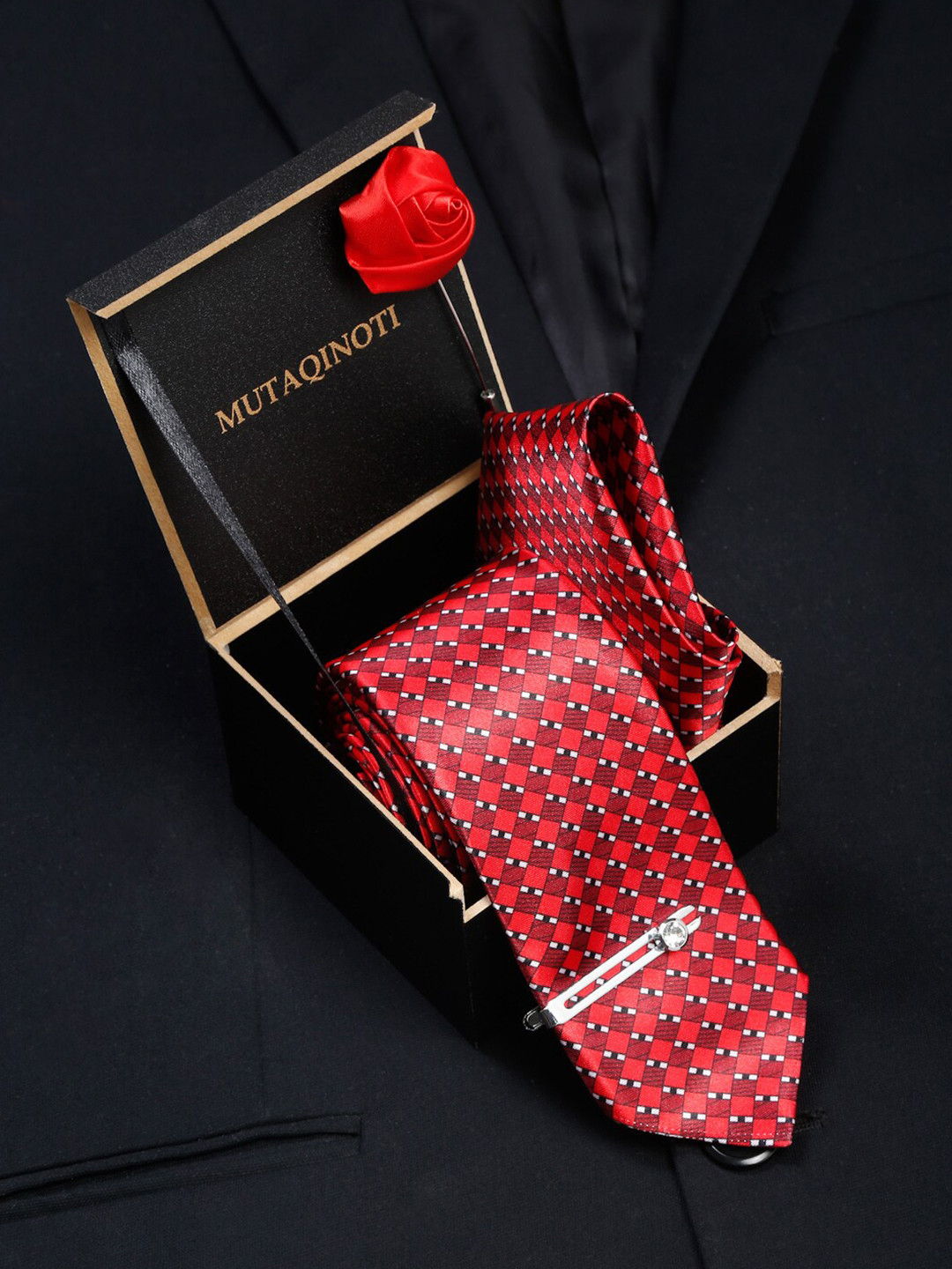 

MUTAQINOTI Men Printed Formal Accessory Gift Set, Red