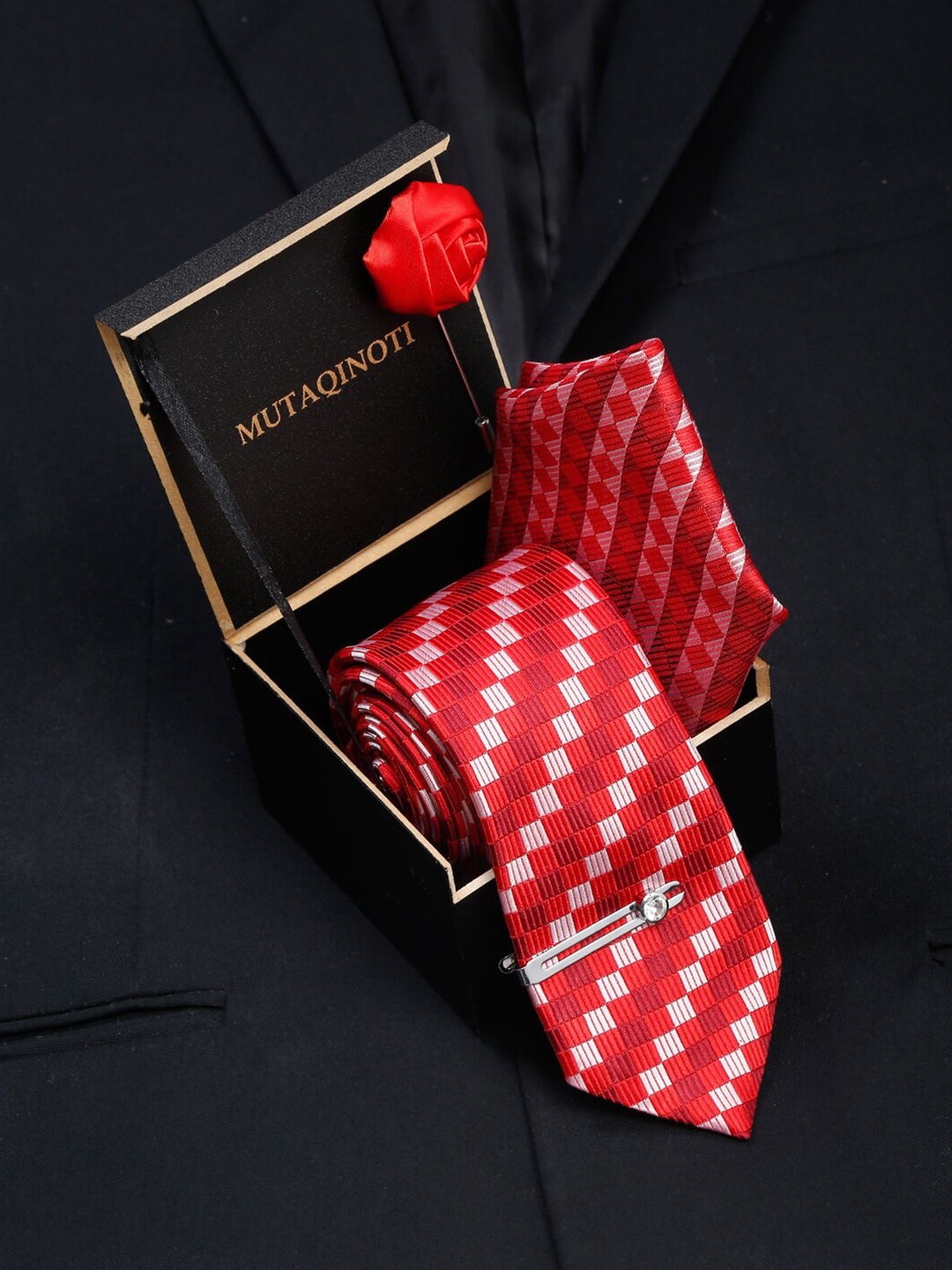 

MUTAQINOTI Men Red Printed Silk Necktie Tie Accessory Gift Set