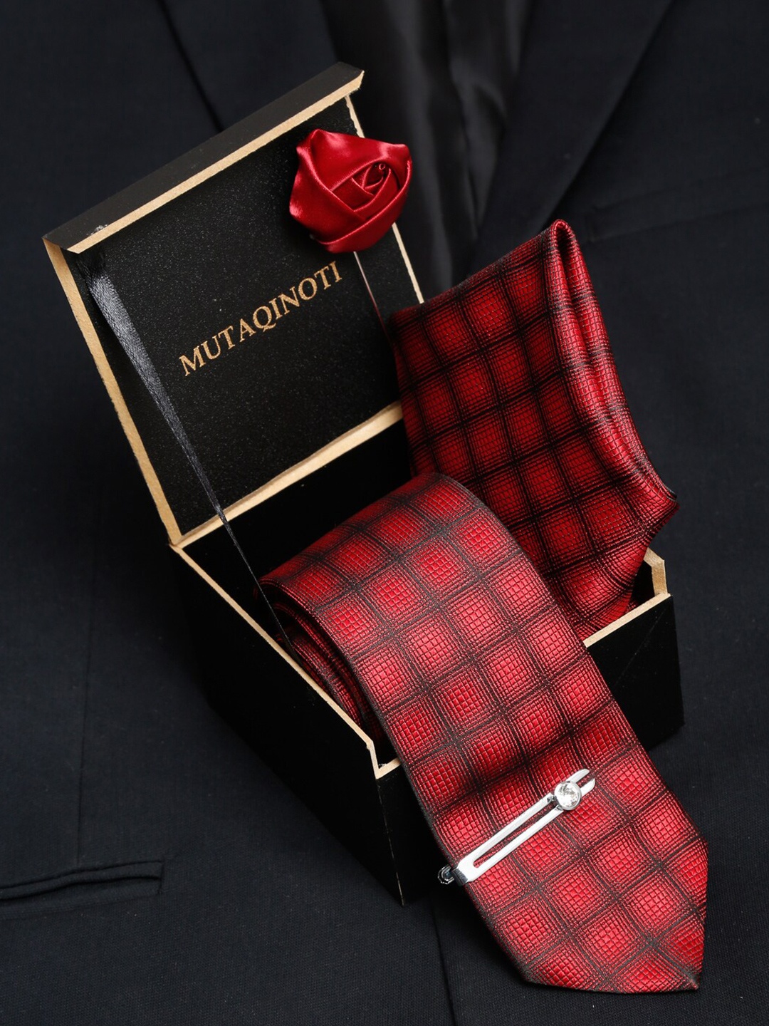 

MUTAQINOTI Men Red Checked Silk Tie Accessory Gift Set