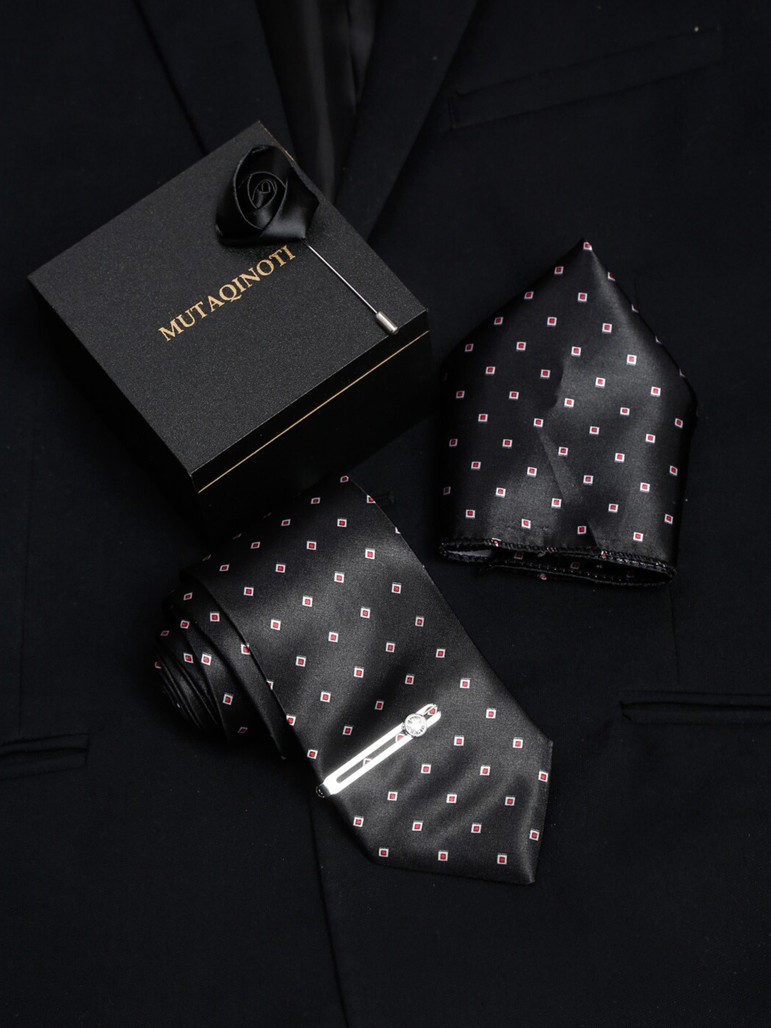 

MUTAQINOTI Men Black Formal Tie Accessory Gift Set