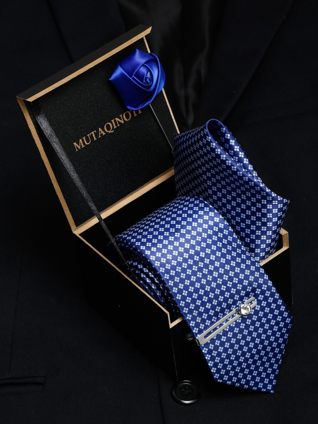 

MUTAQINOTI Men Blue Tie Cufflinks Pocket Square Accessory Gift Set