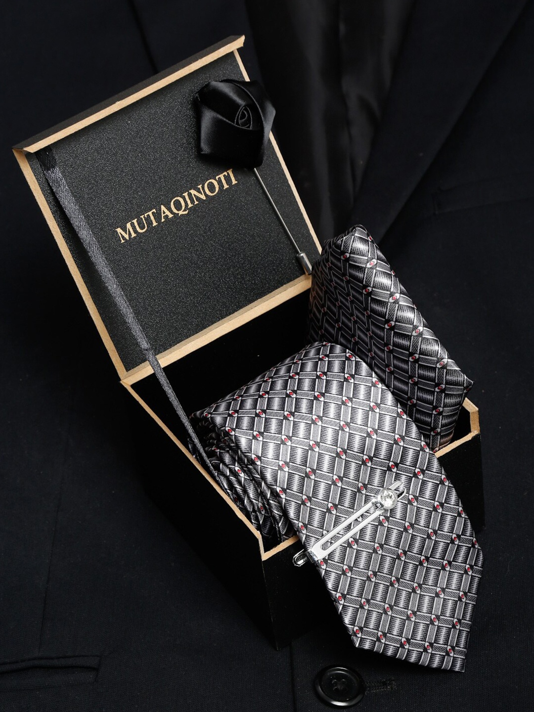 

MUTAQINOTI Men Black & White Polyester Tie Cufflinks Pocket Square Accessory Gift Set